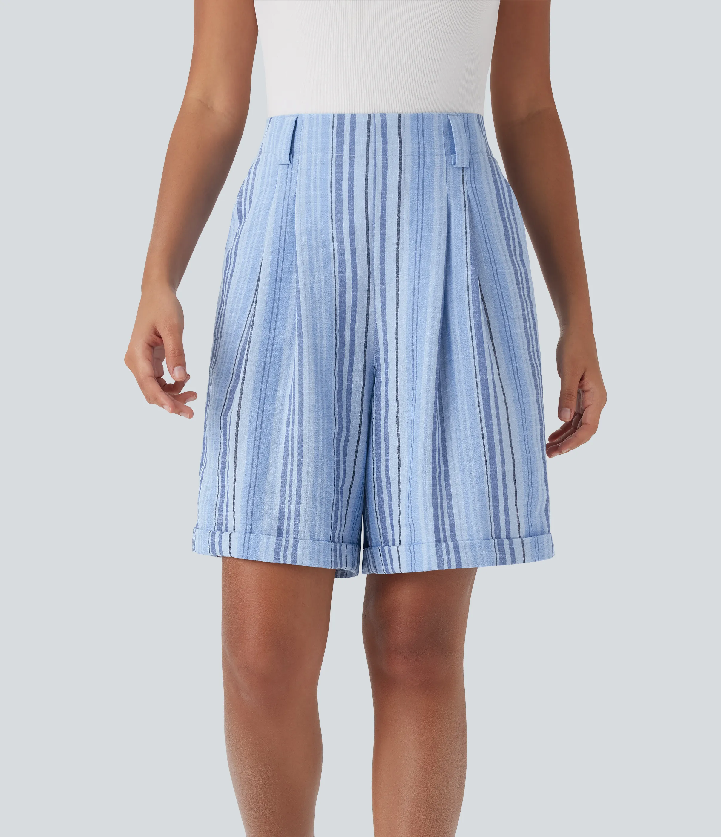 Halara Bermudas de oficina de tiro alto con rayas y tacto de lino con bolsillos laterales - Bohemia Yarn Dye Blue Stripe - XS sold by Halara