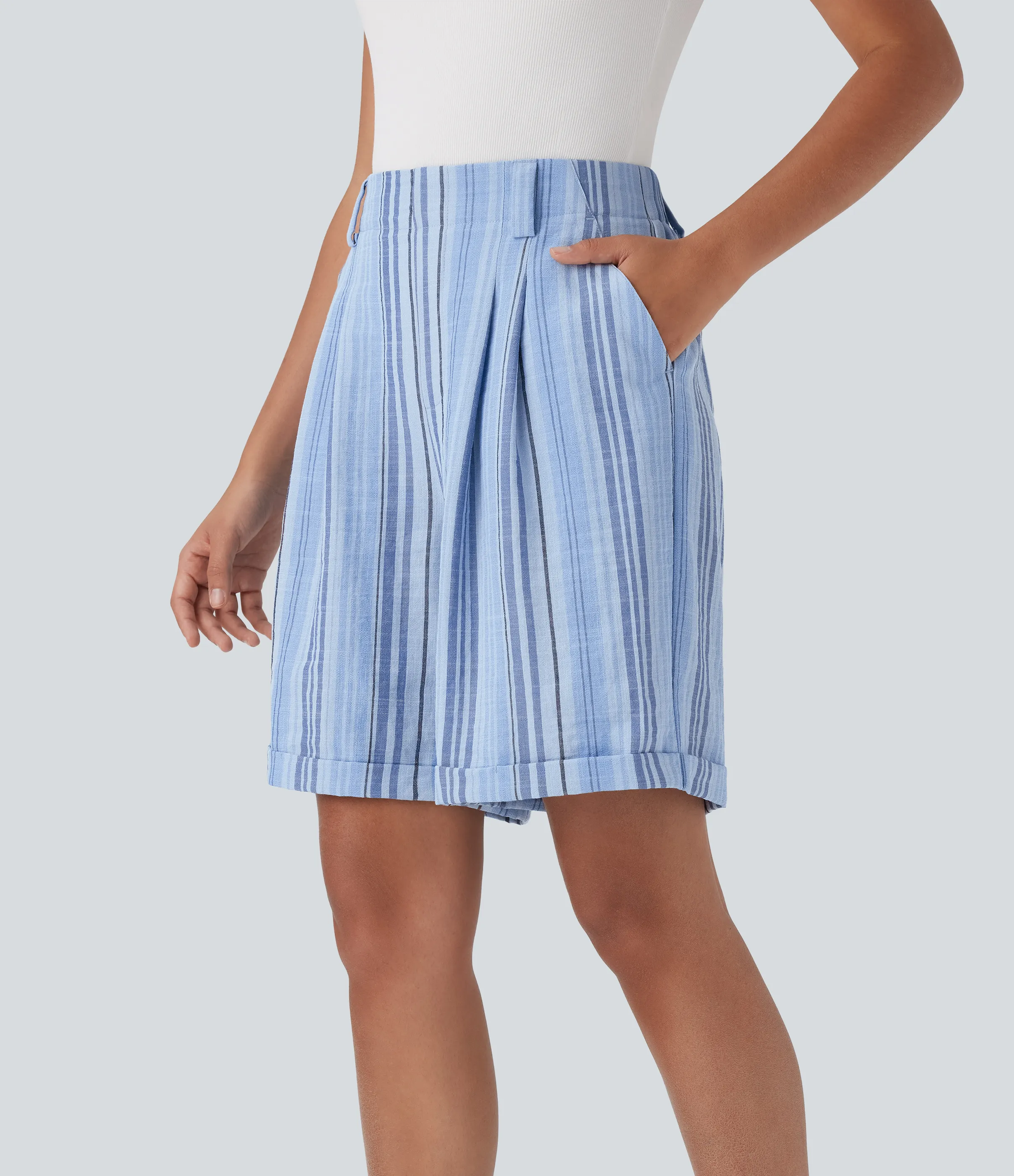 Halara Bermudas de oficina de tiro alto con rayas y tacto de lino con bolsillos laterales - Bohemia Yarn Dye Blue Stripe - XS sold by Halara product image thumbnail 4