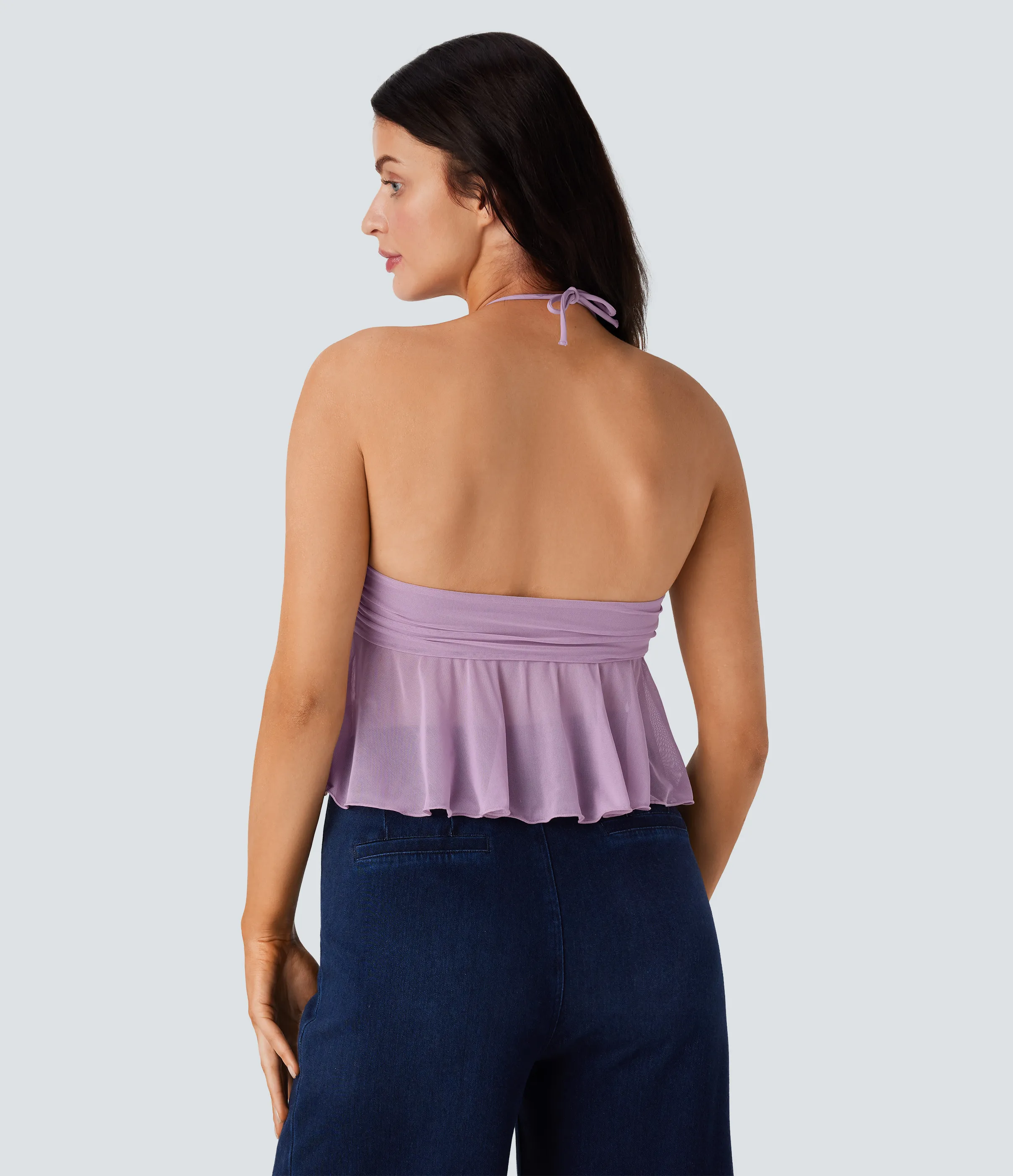 Halara Top sin mangas cuello halter sin espalda fruncido malla dobladillo volante - Zephyr - XL sold by Halara product image thumbnail 3
