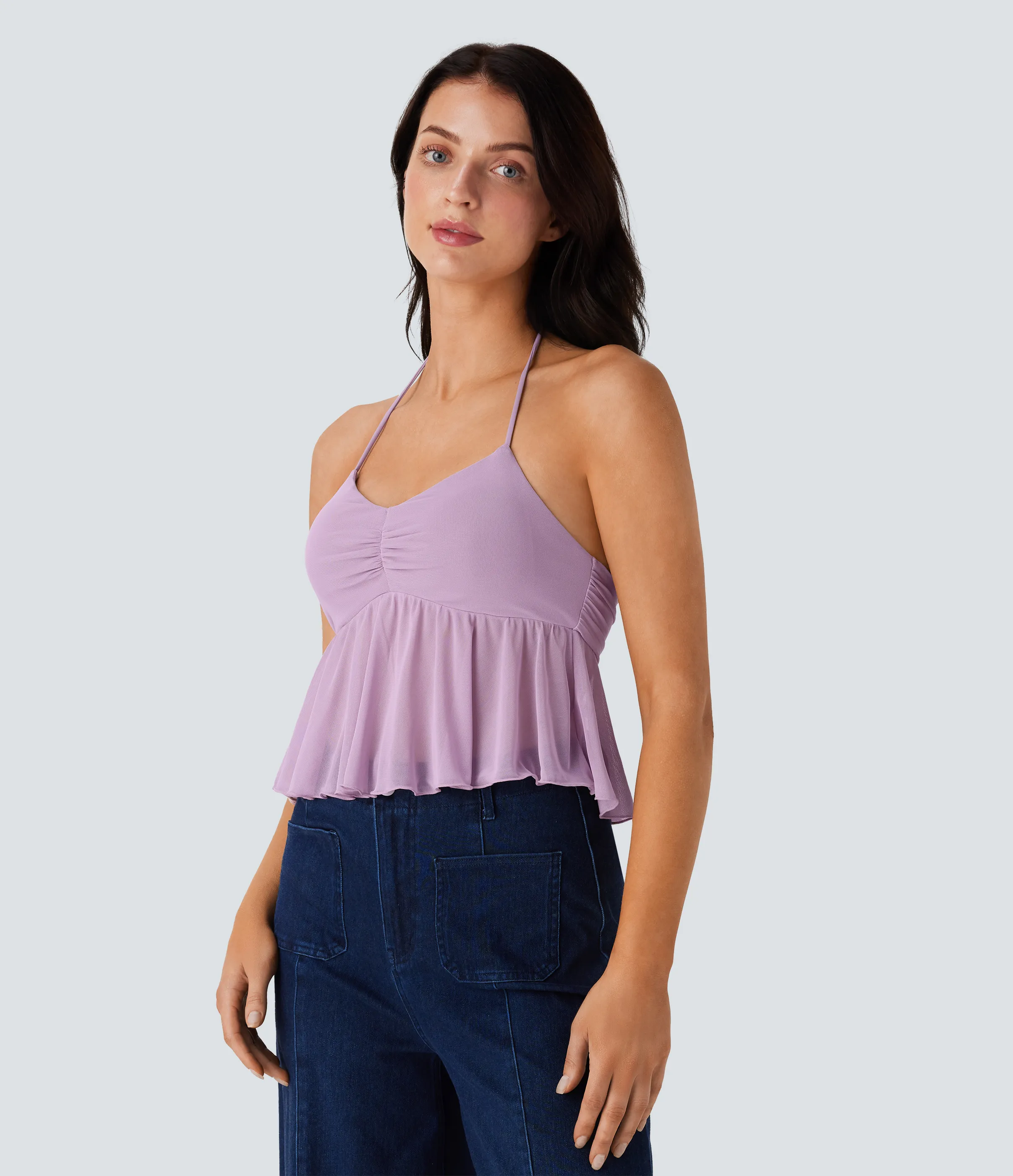 Halara Top sin mangas cuello halter sin espalda fruncido malla dobladillo volante - Zephyr - XL sold by Halara product image thumbnail 4