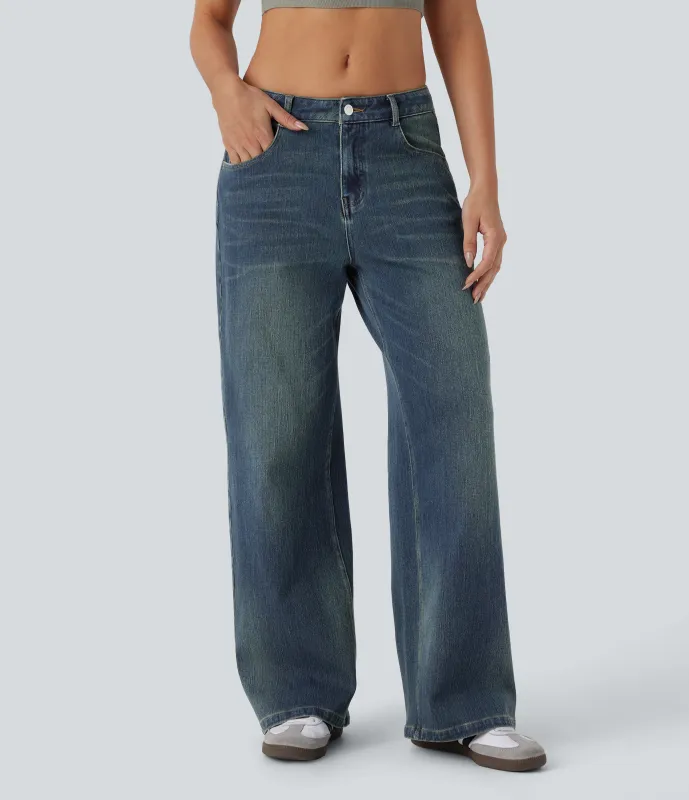 Halara Jeans Baggy Halara Flex™ Denim elástico lavado múltiple bolsillo pierna ancha tiro bajo - Azure Retro Denim - XS(regular) sold by Halara