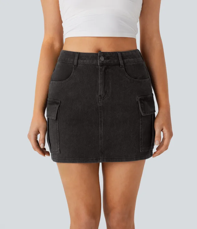 Halara Mini Falda cargo Halara Flex™ Denim mezclilla elástico cremallera botón tiro medio múltiple bolsillo - Sandalwood Black Denim - M(regular) sold by Halara