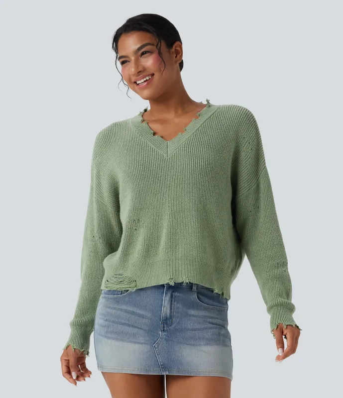 Halara Suéter casual desgastado con cuello en V - Green Pine - XS made by Halara