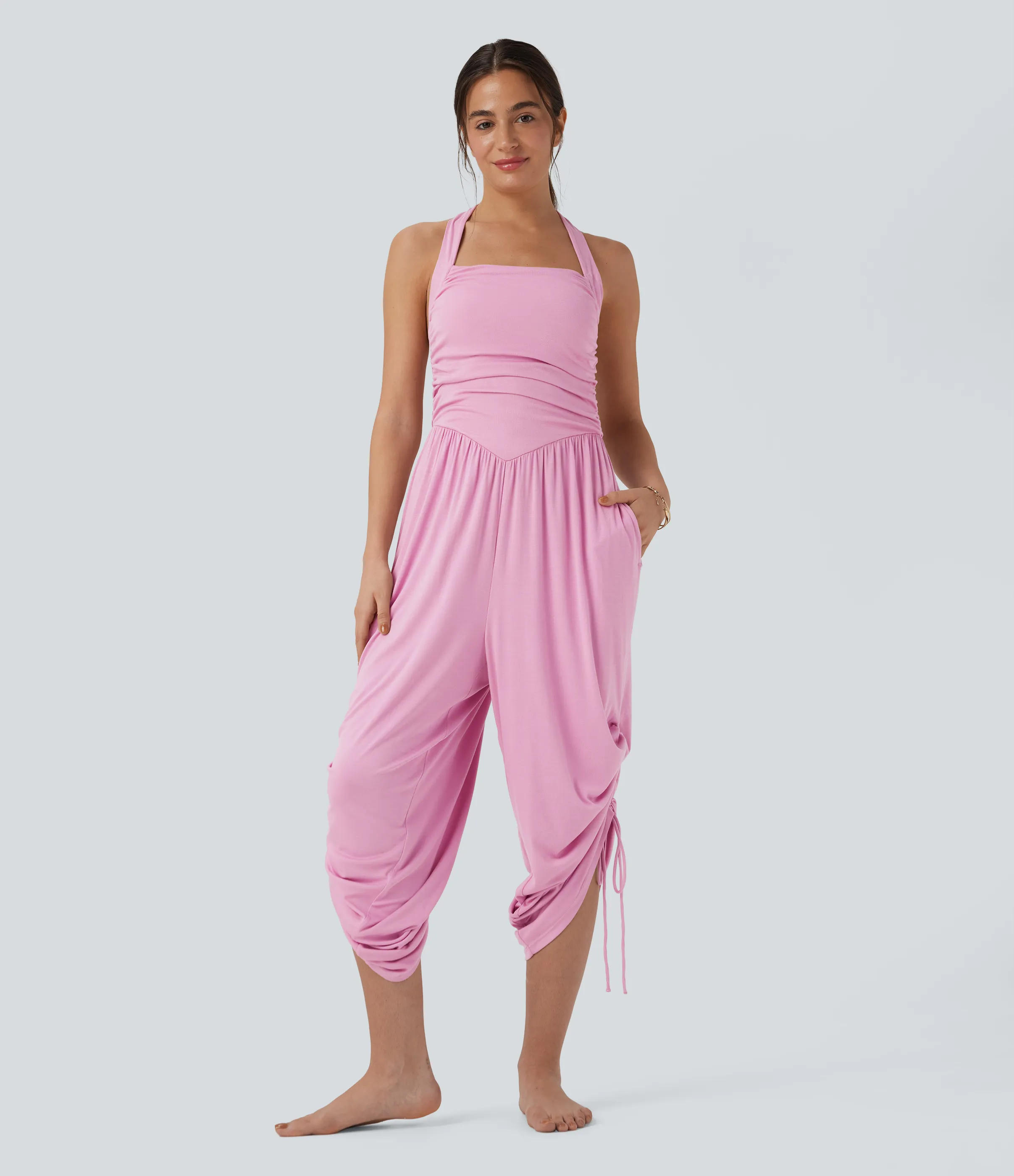 Halara Jumpsuit de resort con cuello halter acanalado, lazo en la espalda, cordón ajustable y bolsillos - Sweet Lilac - L(regular) sold by Halara product image thumbnail 3