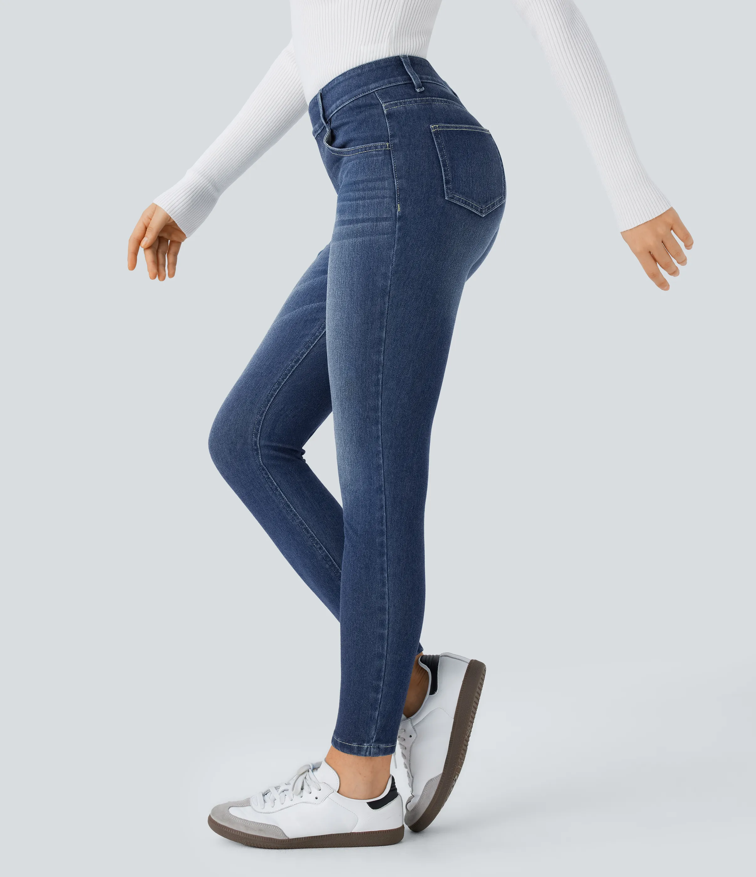 Halara Jeans Halara Flex™ Denim ajustado elástico múltiple bolsillo tiro medio - Distressed Denim Dark Blue - XL(petite) sold by Halara