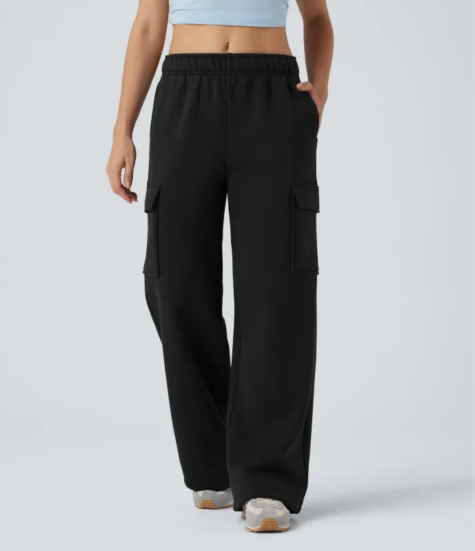 Halara Pantalones casuales cargo polar de tiro medio y pierna ancha con bolsillos - Black - L(regular) sold by Halara