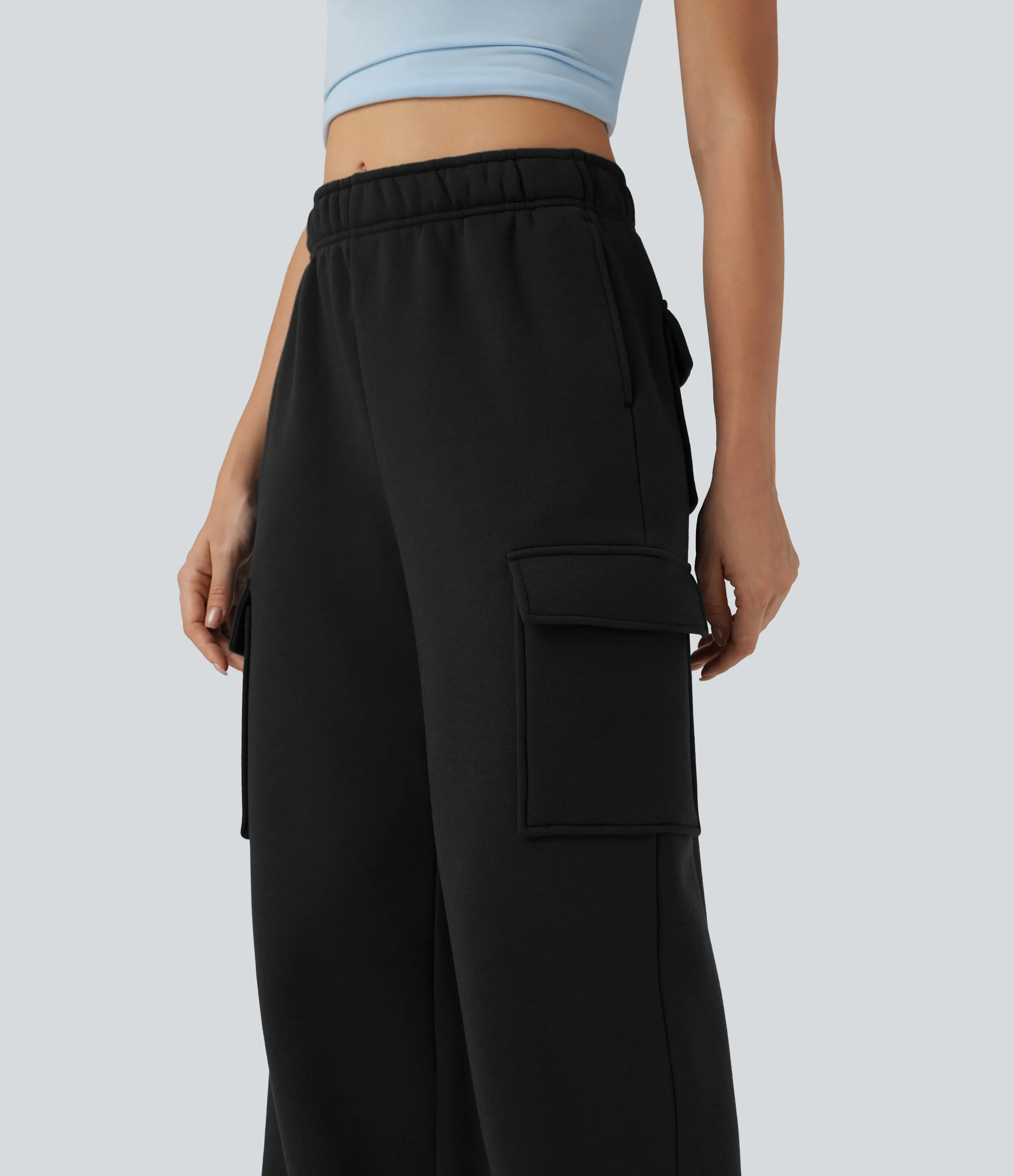 Halara Pantalones casuales cargo polar de tiro medio y pierna ancha con bolsillos - Black - L(regular) sold by Halara product image thumbnail 5