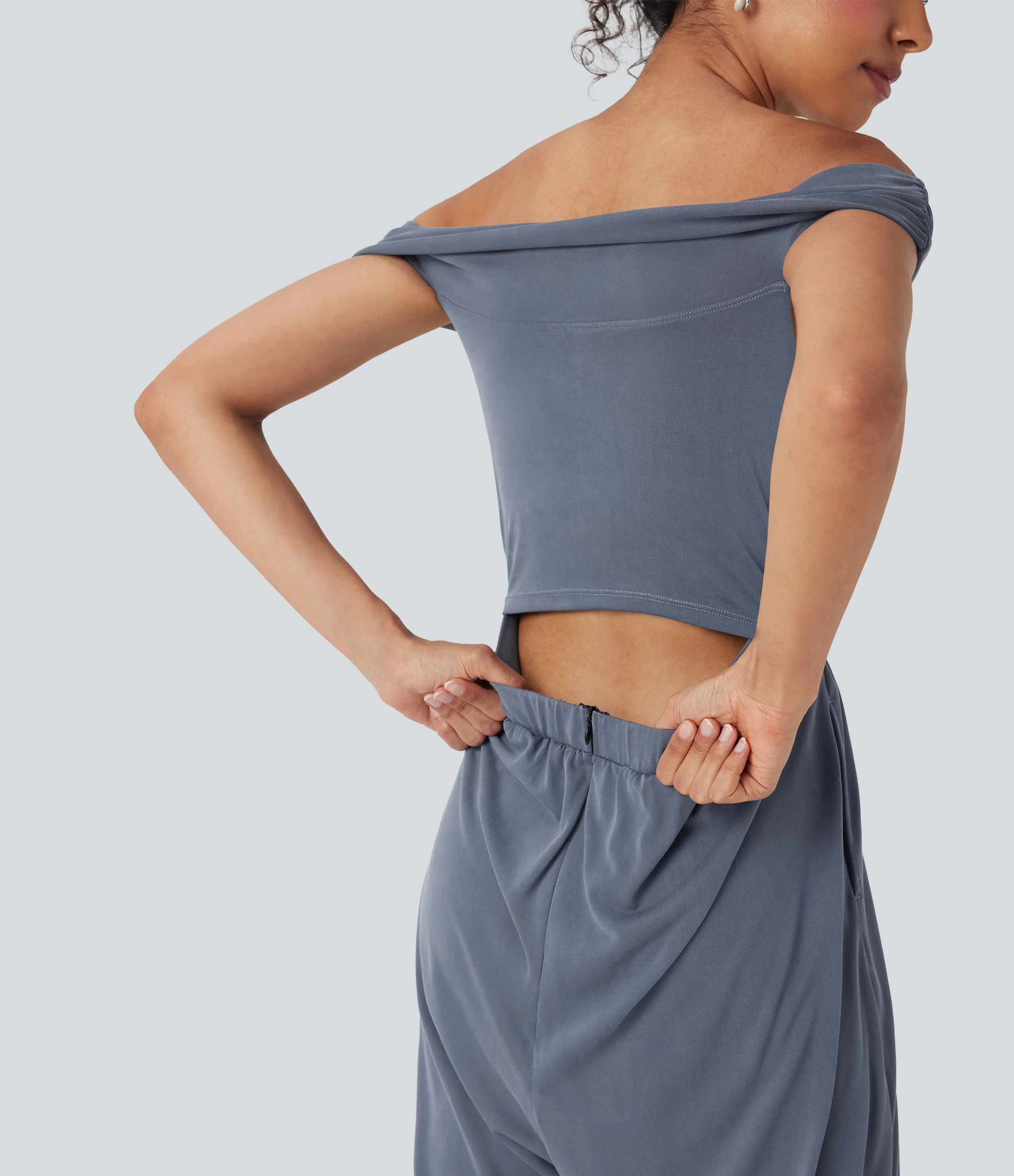 Halara Mono casual con cremallera en la espalda y hombros descubiertos con bolsillos - Easy Peezy - Flint Stone - XL(regular) sold by Halara product image thumbnail 5