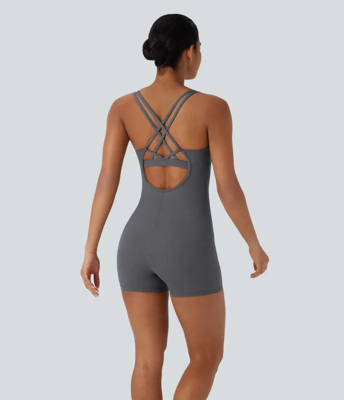 Halara Mono de yoga de secado rápido con espalda cruzada y abierta - Dusky Charcoal - XS sold by Halara