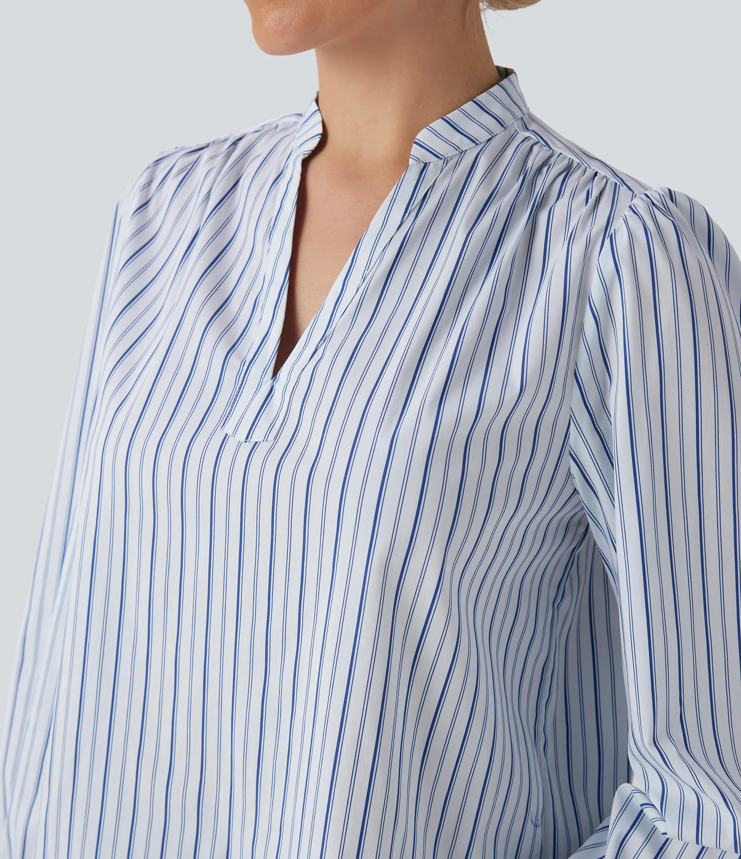 Halara Blusa casual con cuello en V con estampado a rayas y corte asimétrico - Azure White Horizontal Stripe - S sold by Halara product image thumbnail 5