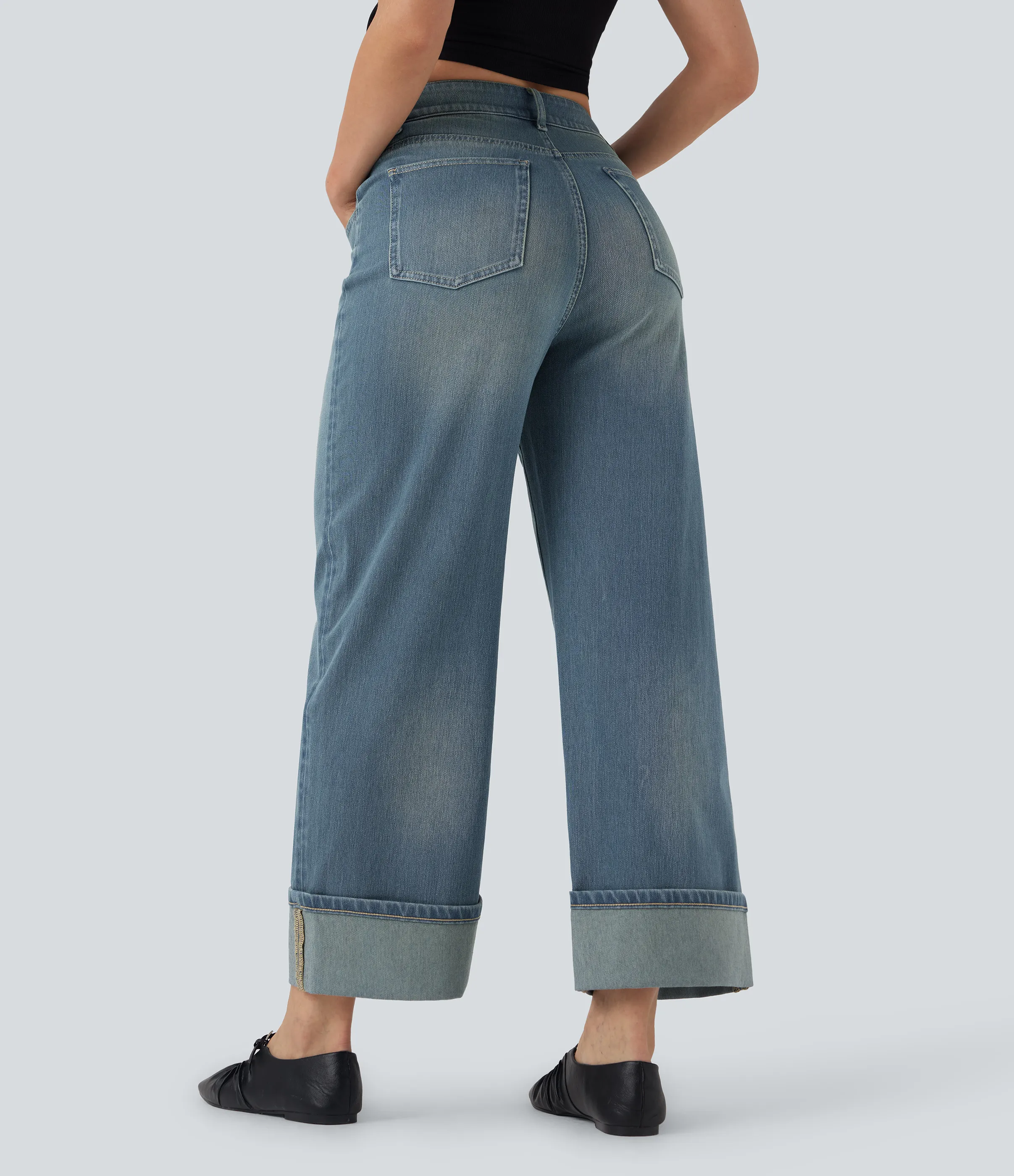 Halara Jeans casuales anchos elásticos Halara Flex™ lavados de tiro alto con varios bolsillos y dobladillo enrollado - Blue Surf Denim - L(regular) sold by Halara product image thumbnail 3