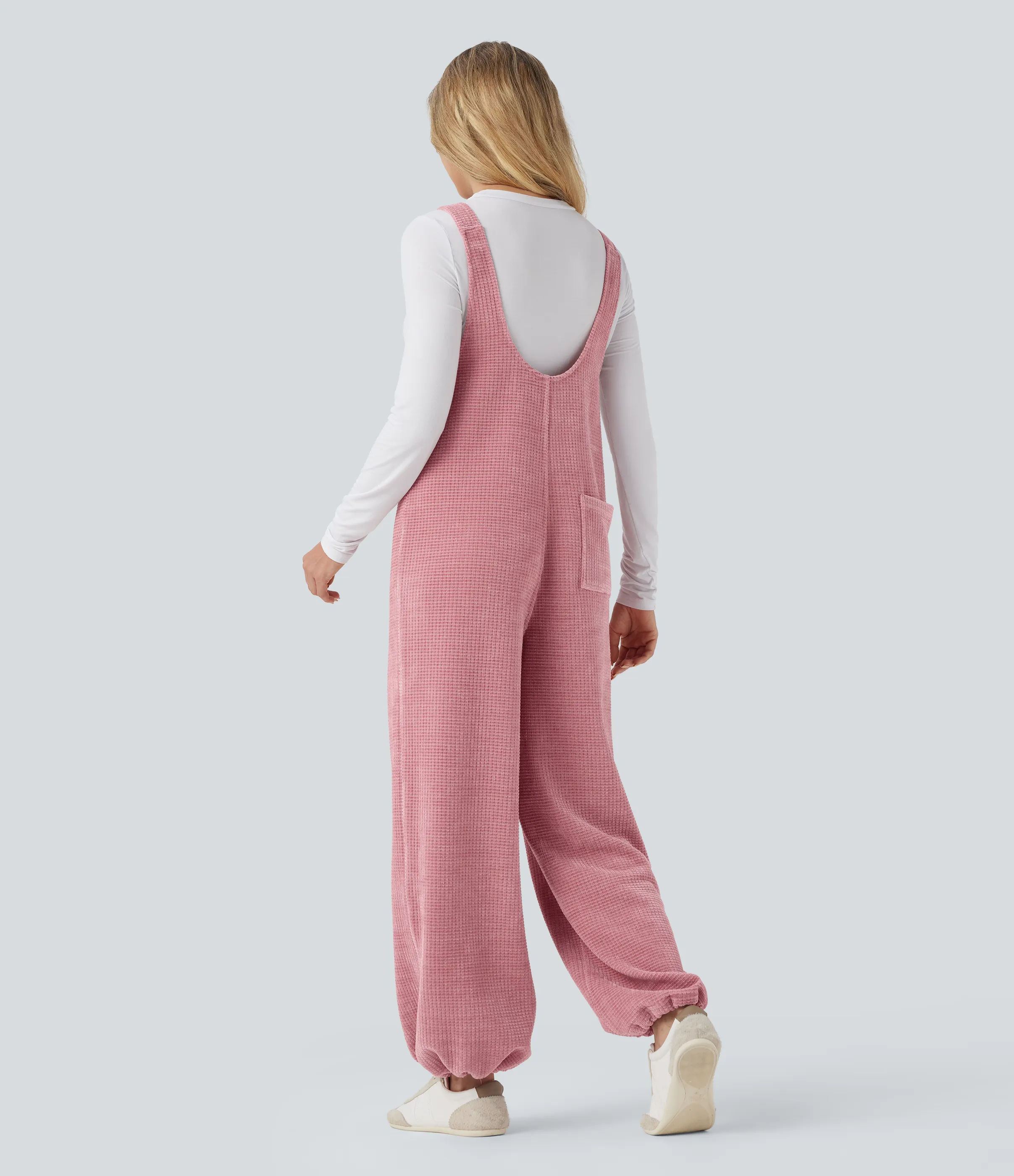 Halara Jumpsuit casual de chenilla con dobladillo ajustable y lazo frontal con bolsillos - Rose Elegance - L(regular) sold by Halara product image thumbnail 3