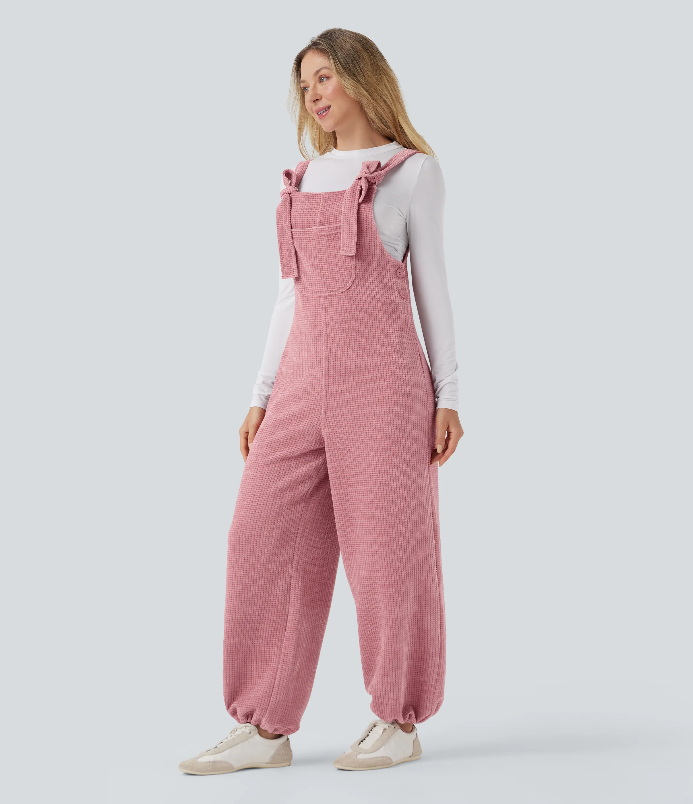 Halara Jumpsuit casual de chenilla con dobladillo ajustable y lazo frontal con bolsillos - Rose Elegance - L(regular) sold by Halara product image thumbnail 4
