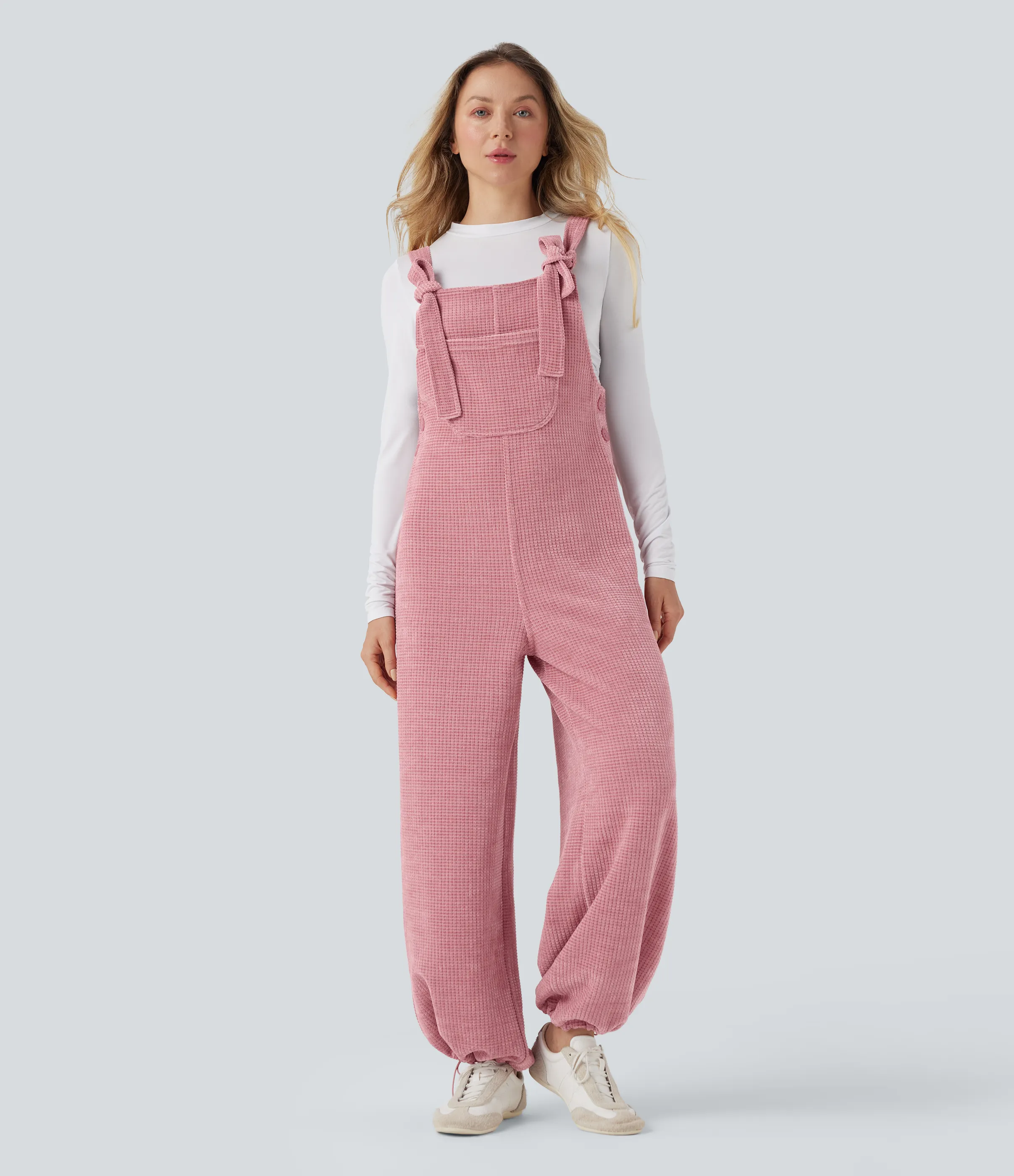 Halara Jumpsuit casual de chenilla con dobladillo ajustable y lazo frontal con bolsillos - Rose Elegance - L(regular) sold by Halara product image thumbnail 5