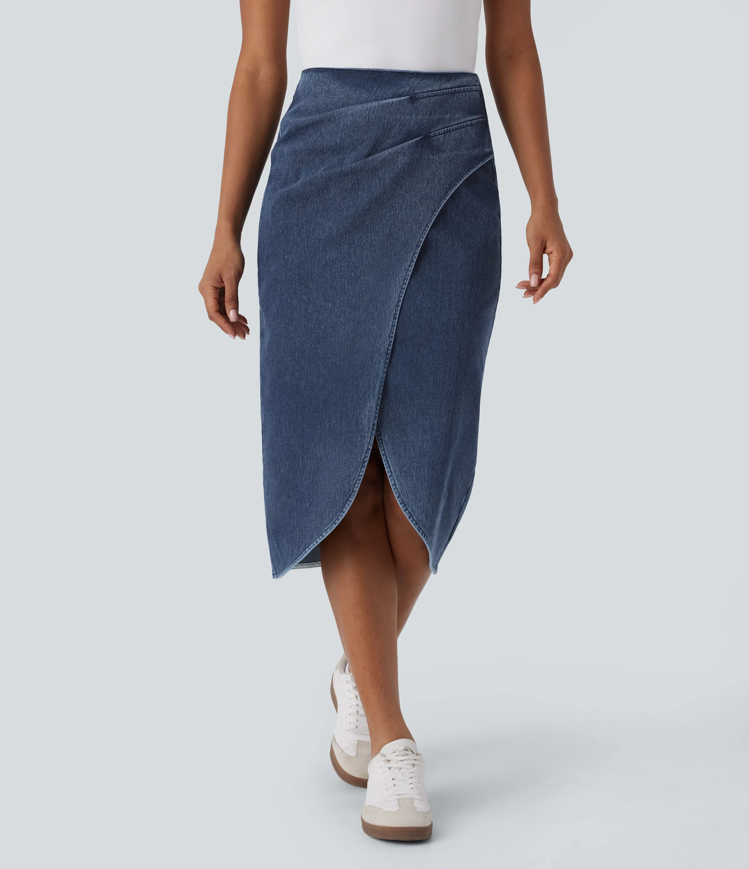 Halara Falda Midi Halara Flex™ Denim elástico lavado media pierna dobladillo fruncido cremallera espalda tiro alto - Orchid Blue Denim - XL(regular) sold by Halara product image thumbnail 2