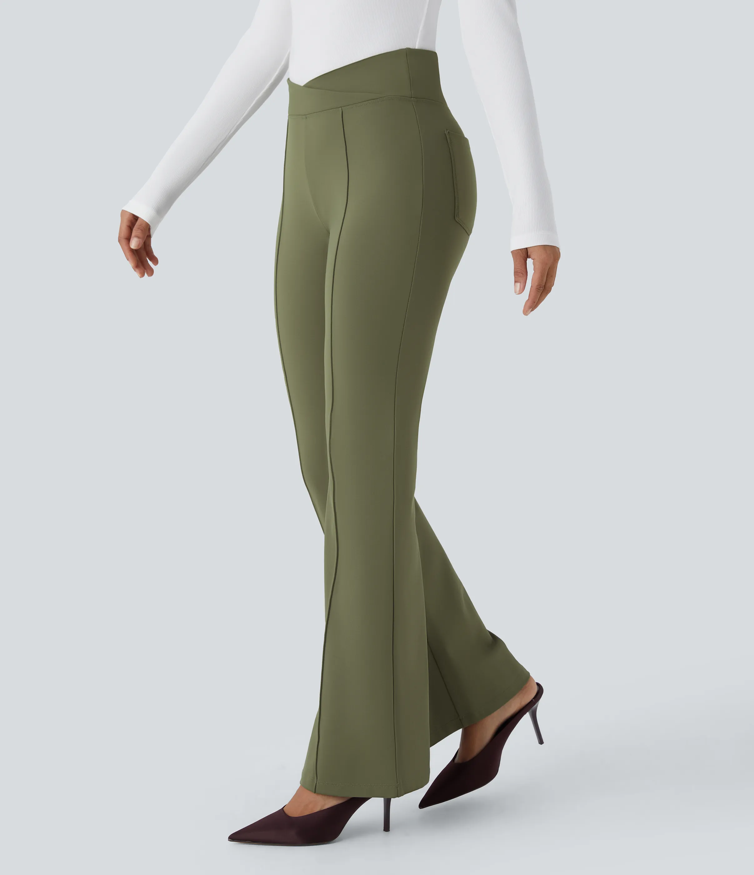 Halara Pantalón Softlyzero™ Plush oficina acampanado tiro alto posterior cruzada térmica - Deep Sage - S(regular) sold by Halara product image thumbnail 4