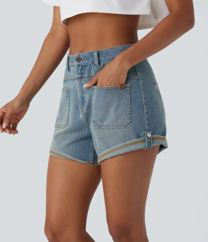 Halara Pantalón corto Halara Flex™ Denim mezclilla elástico lavado dobladillo enrollado bolsillo delantero tiro medio - Light Azure Blue Denim - XL(regular) sold by Halara