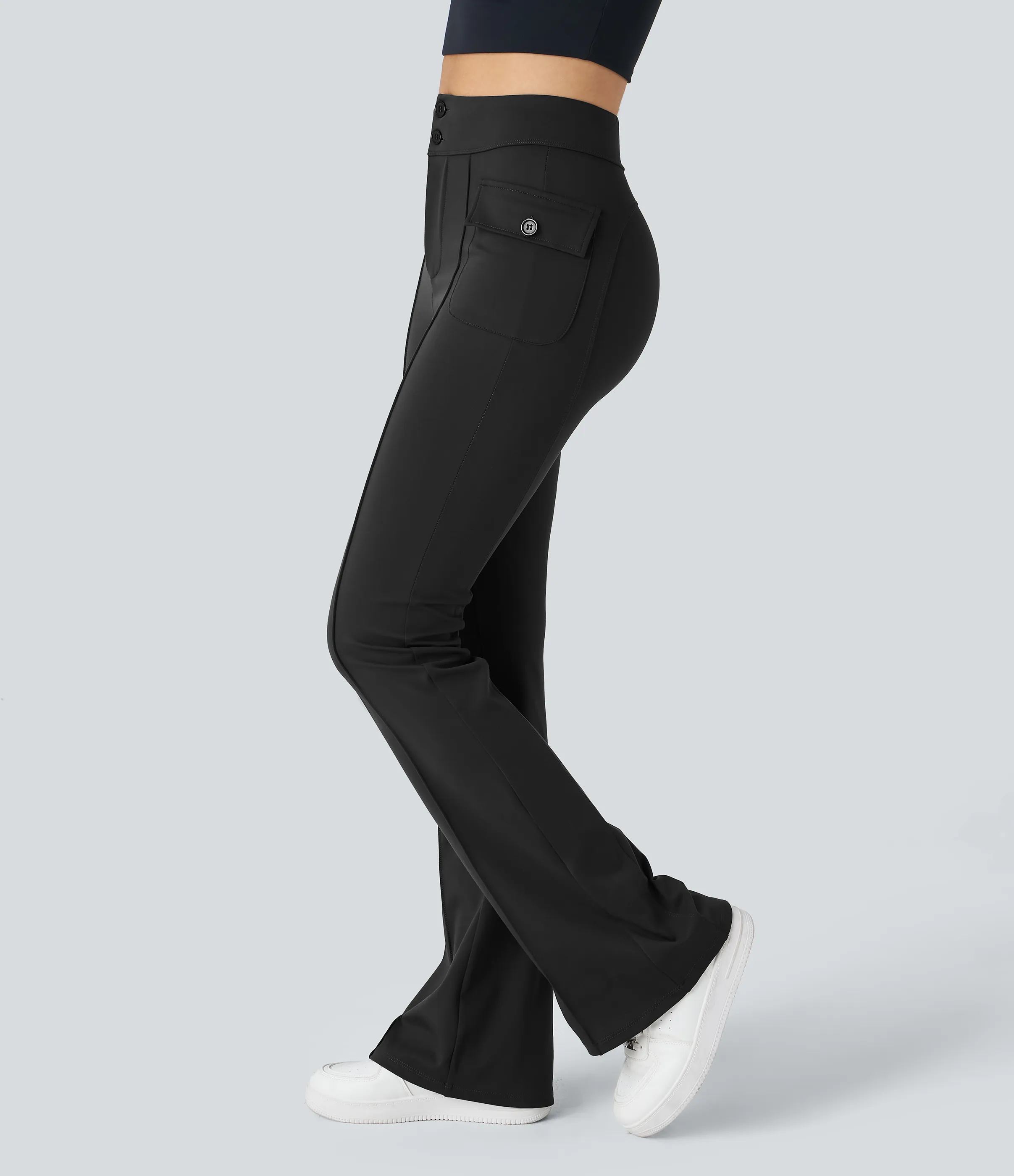 Halara Pantalón cargo acampanado bolsillo solapa lateral botón tiro alto - Black - M(petite) sold by Halara product image thumbnail 2
