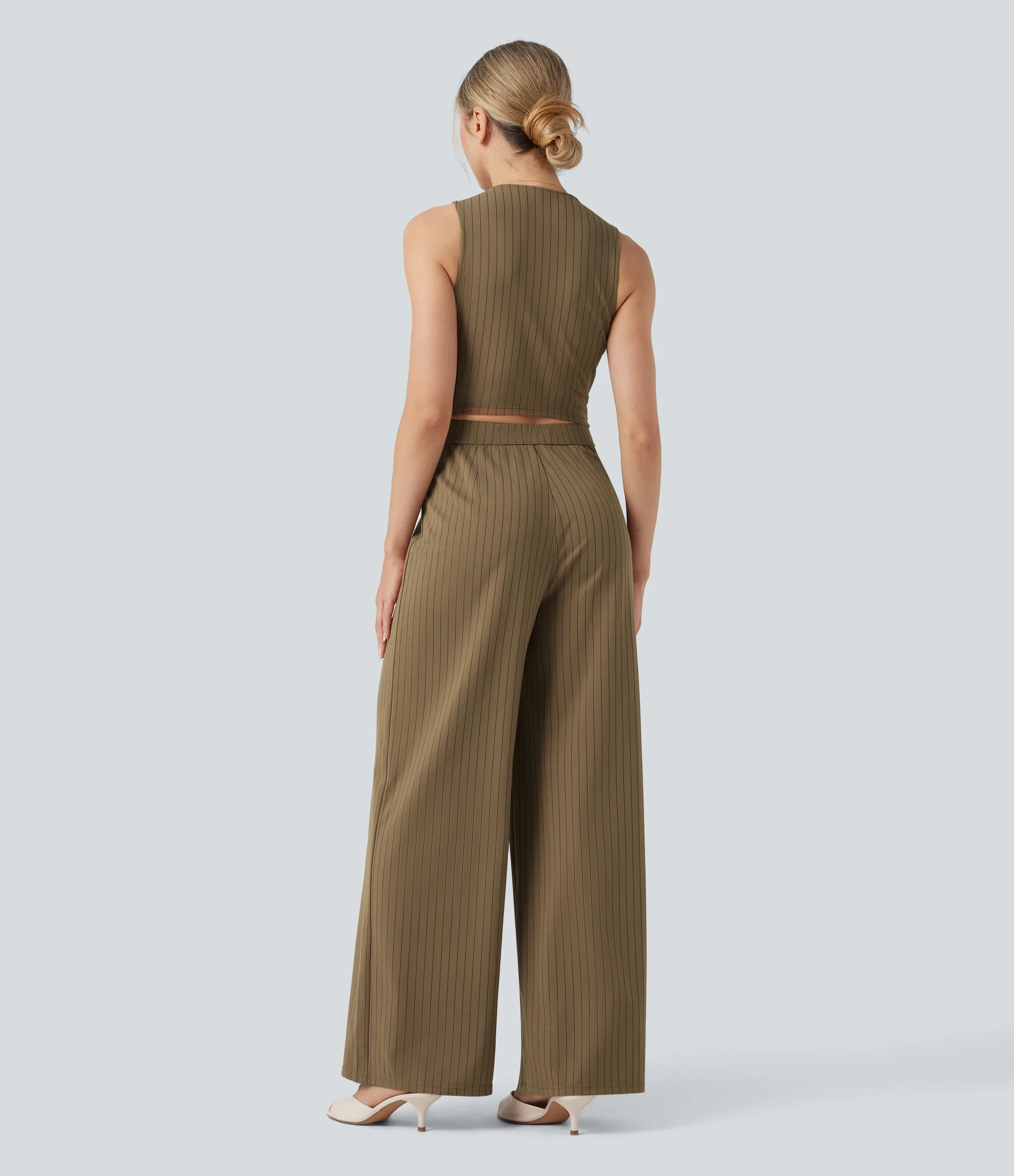 Halara Mono oficina cuello V sin mangas bolsillo delantero recortado pierna ancha rayas tacto fresco - Brown Pinstripe - XL(regular) sold by Halara product image thumbnail 3