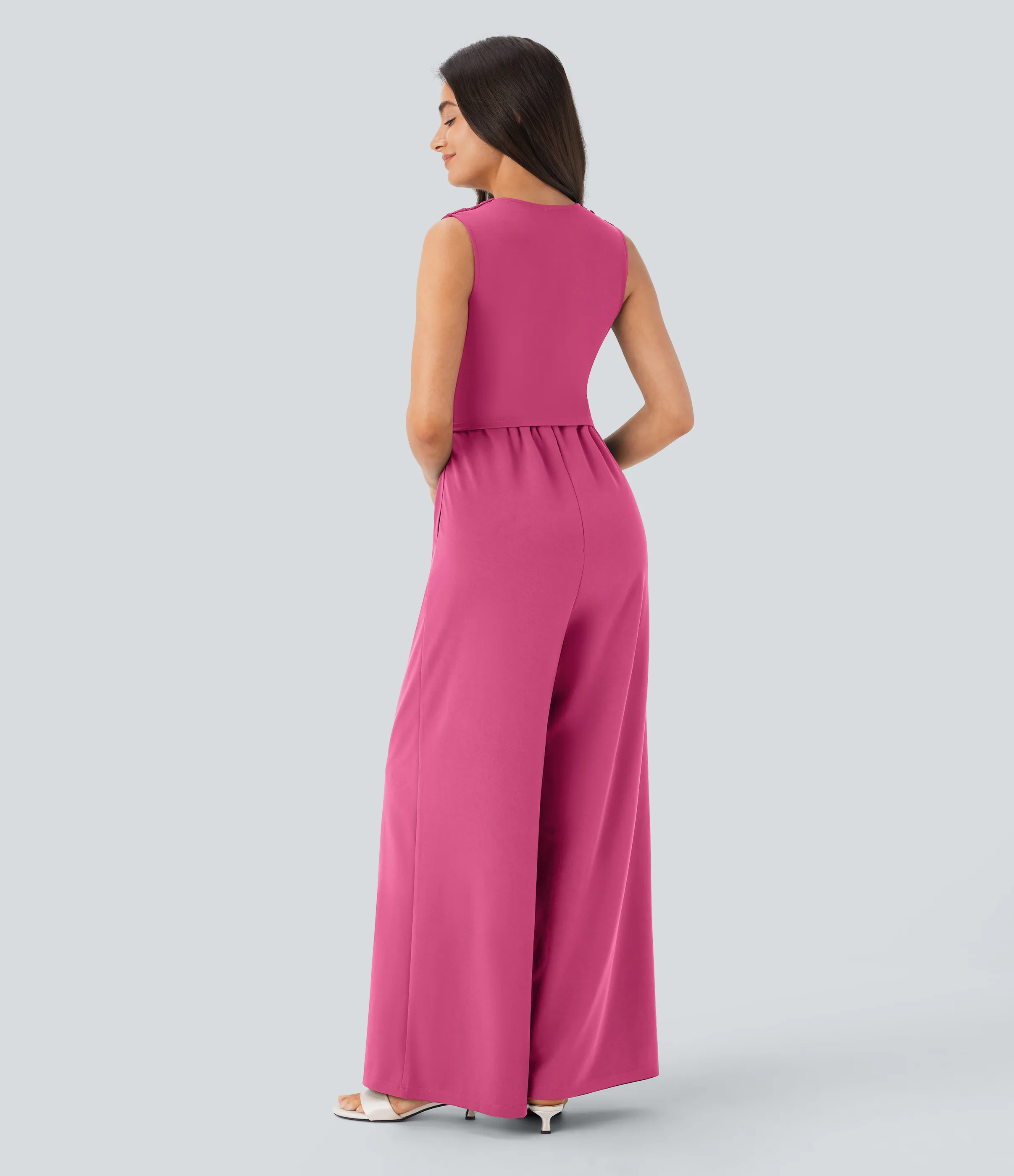 Halara Mono fiesta cuello V sin mangas fruncido lateral cremallera invisible - Easy Peezy - Fandango Pink - S(regular) sold by Halara product image thumbnail 4