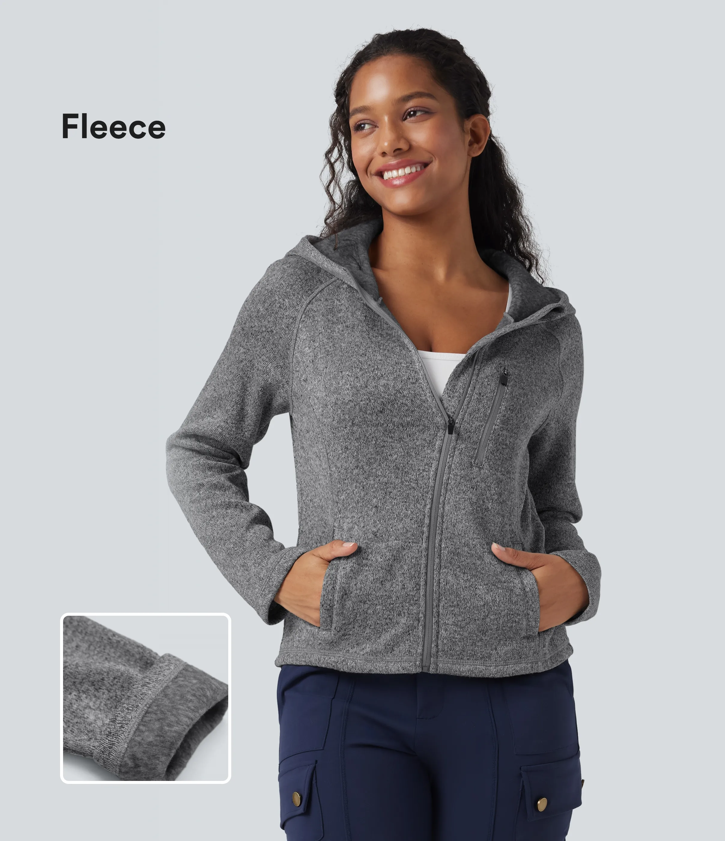 Halara Chamarra polar para senderismo de manga larga con capucha y bolsillos - Oat Marl - L sold by Halara