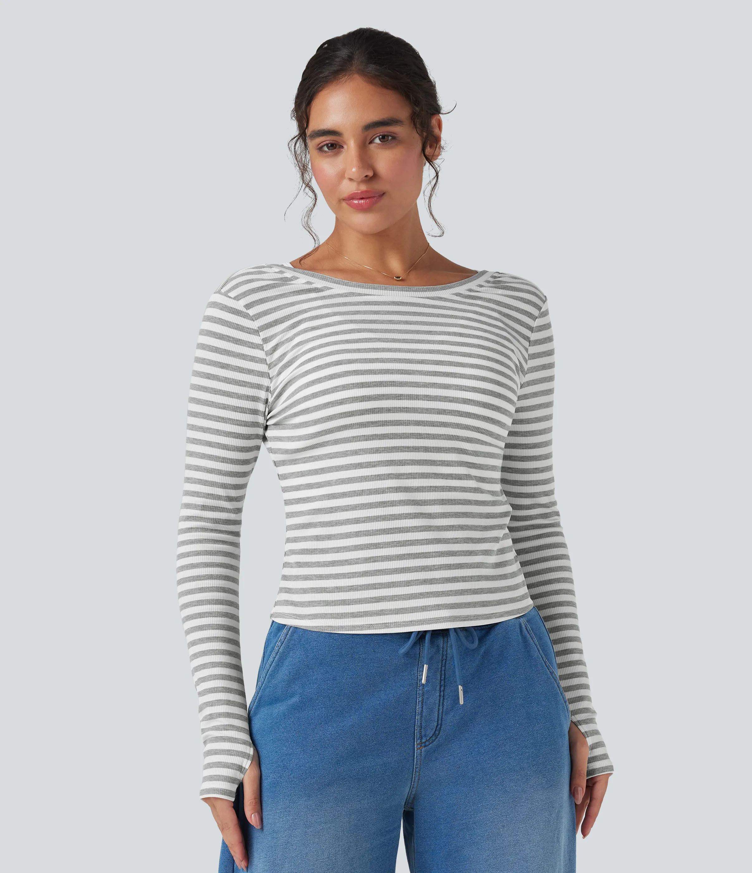Halara Top casual de rayas de manga larga con cuello barco y abertura para el pulgar - Gray White Horizontal Stripe - M sold by Halara product image thumbnail 2