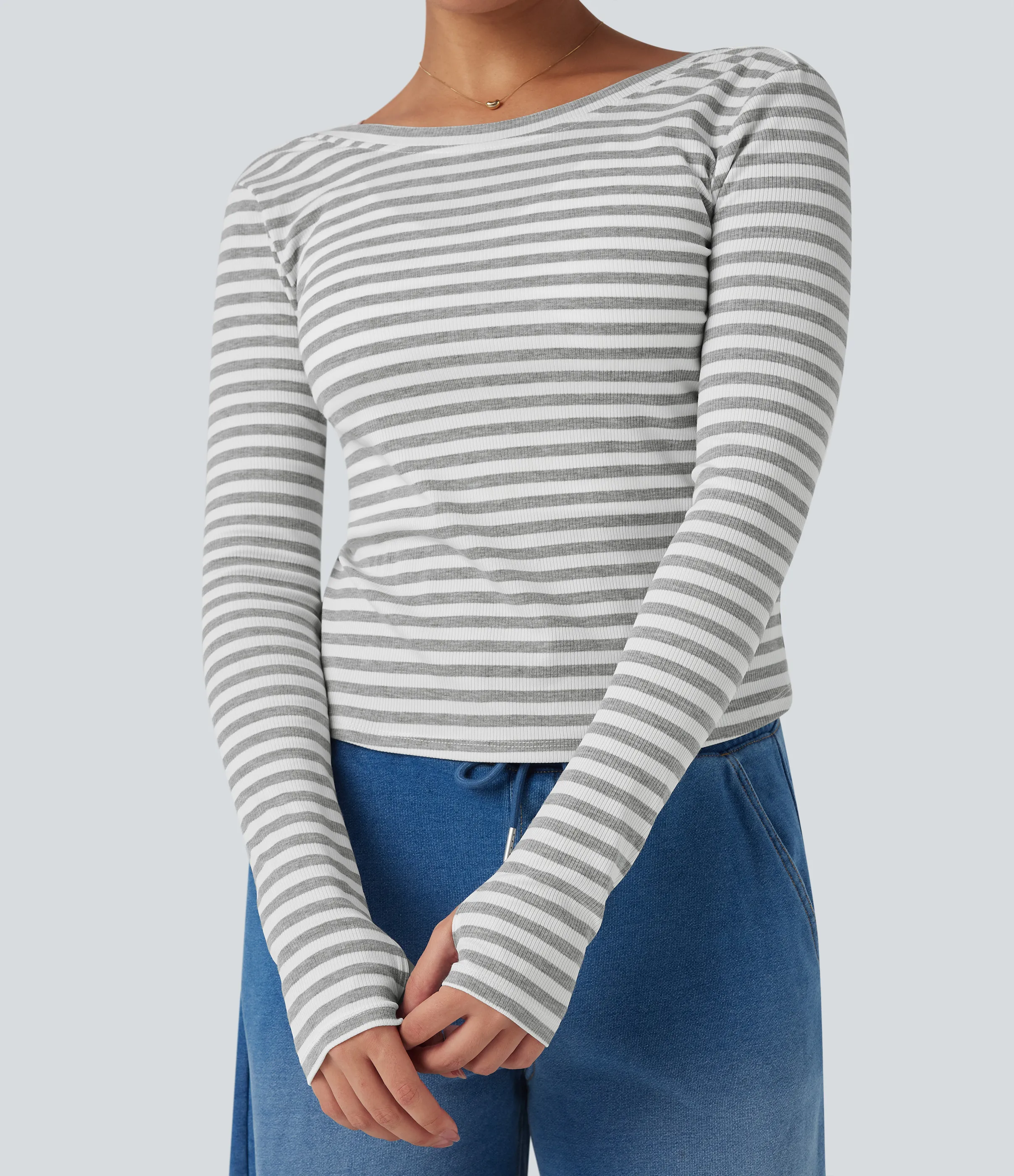 Halara Top casual de rayas de manga larga con cuello barco y abertura para el pulgar - Gray White Horizontal Stripe - M sold by Halara product image thumbnail 5