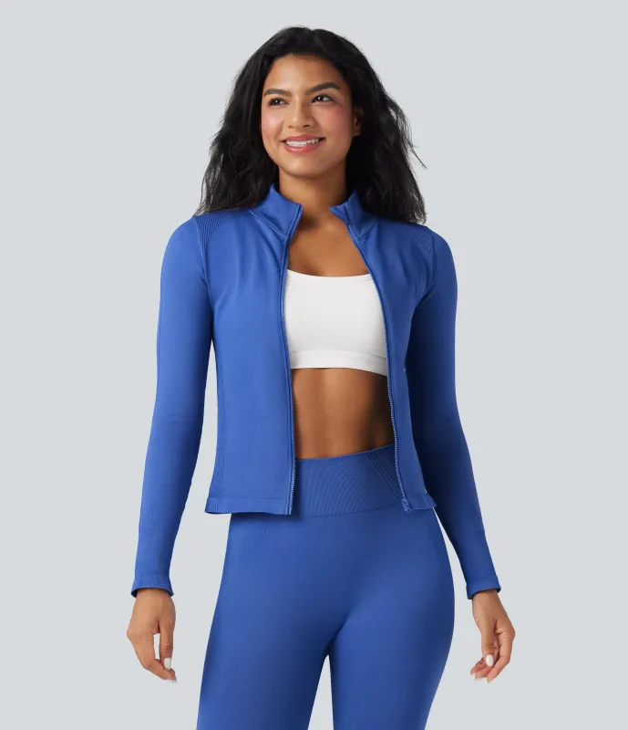 Halara Chamarra de yoga de manga larga con cuello alto y abertura para el pulgar sin costuras - Illusionary Midnight Blue - L made by Halara