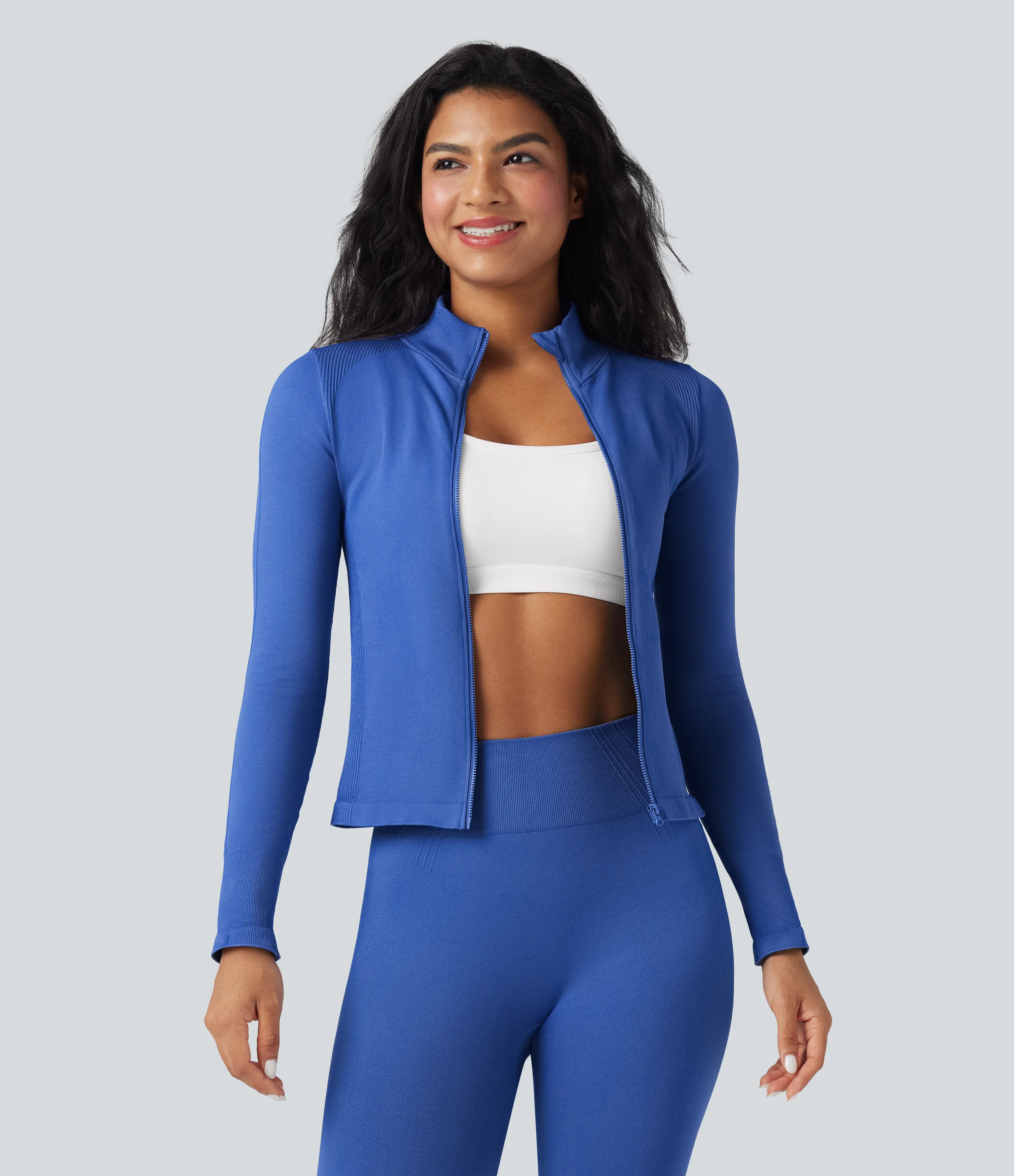 Halara Chamarra de yoga de manga larga con cuello alto y abertura para el pulgar sin costuras - Illusionary Midnight Blue - L sold by Halara product image thumbnail 2