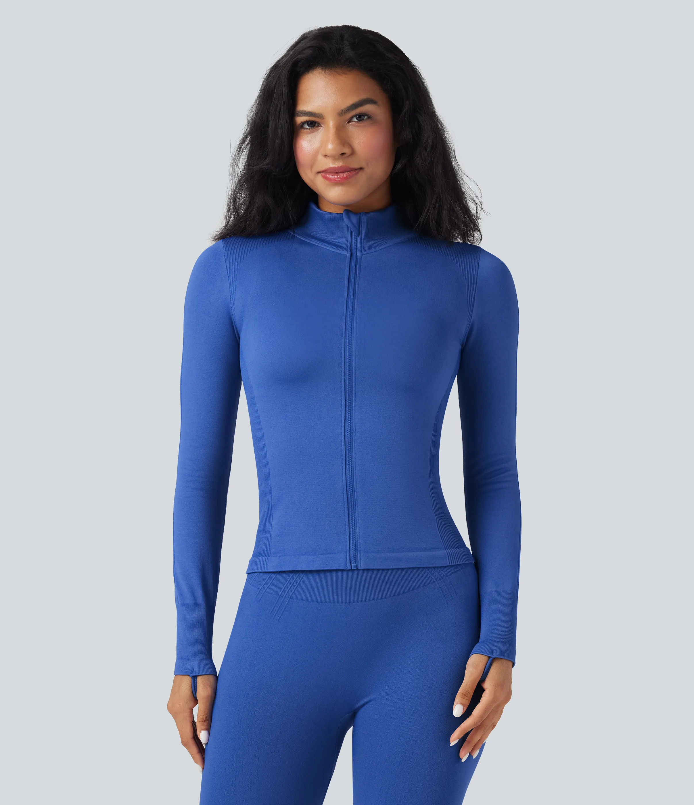 Halara Chamarra de yoga de manga larga con cuello alto y abertura para el pulgar sin costuras - Illusionary Midnight Blue - L sold by Halara product image thumbnail 3