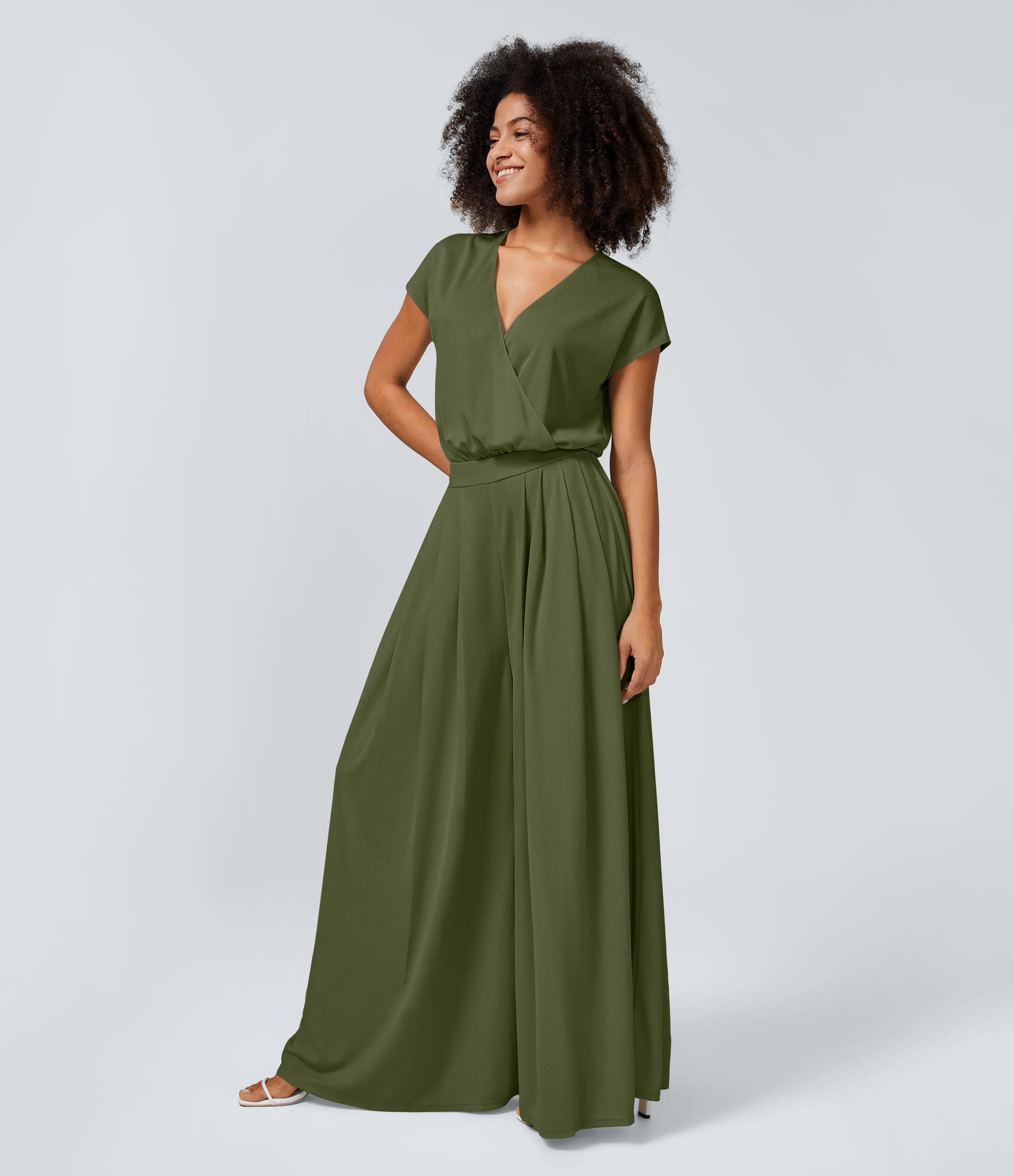 Halara Mono cuello V manga corta bolsillo lateral plisado pierna ancha - Sphagnum - M(regular) sold by Halara product image thumbnail 4