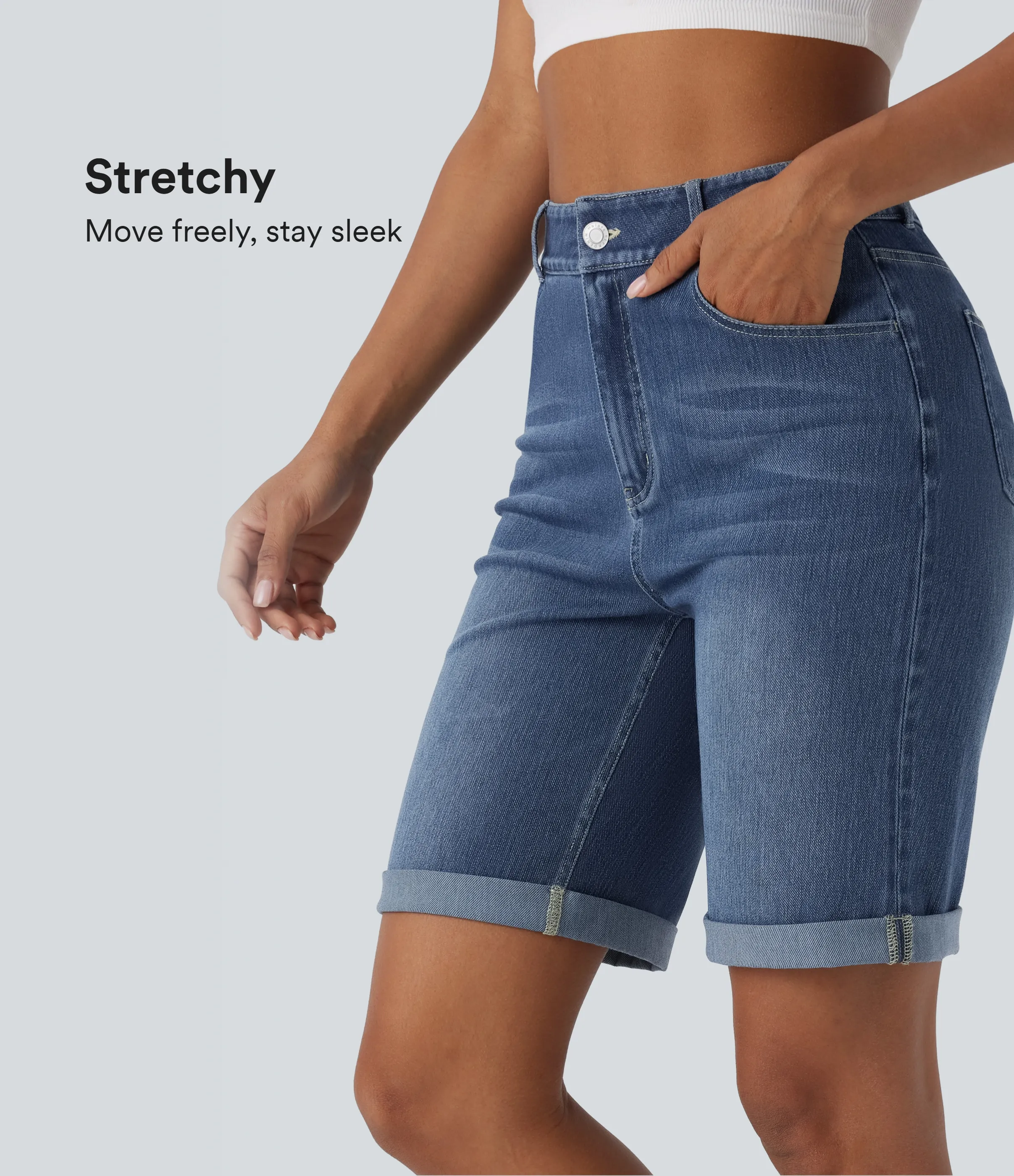 Halara Bermudas Halara Flex™ Denim mezclilla elástico lavado dobladillo enrollado múltiple bolsillo tiro alto - Paint Blue Denim - L(regular) sold by Halara