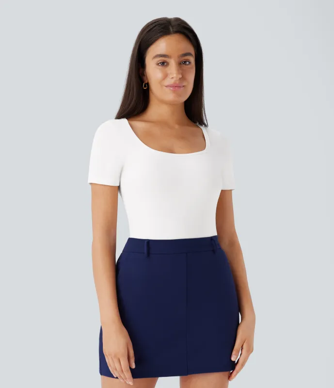 Halara Body oficina ajustado botón presión manga corta cuello U - White - XS sold by Halara