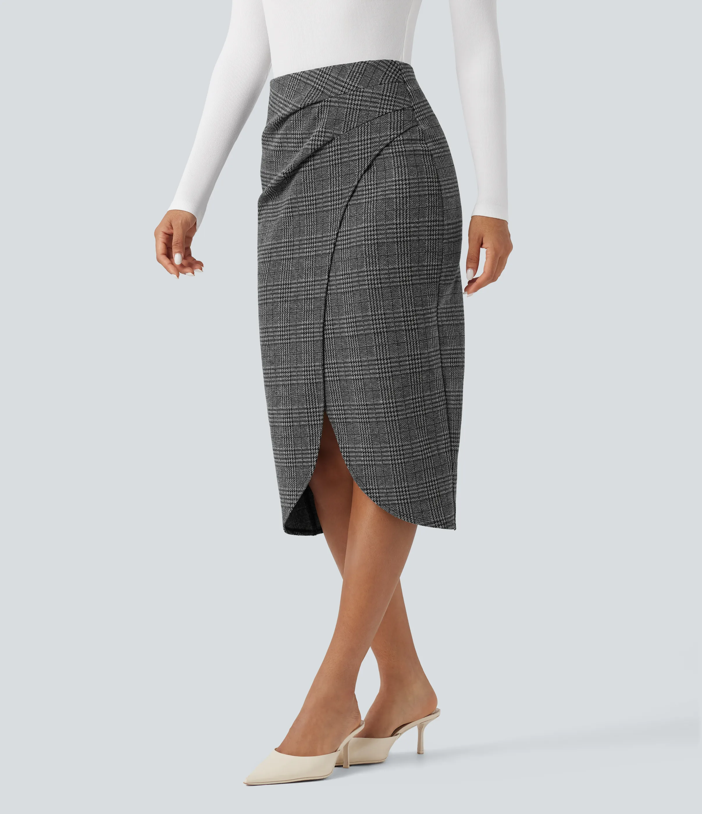 Halara Falda de oficina midi 2 en 1 de tiro alto con dobladillo tulipán y cuadros pata de gallo - Dark Gray Plaid - XL(regular) sold by Halara product image thumbnail 4