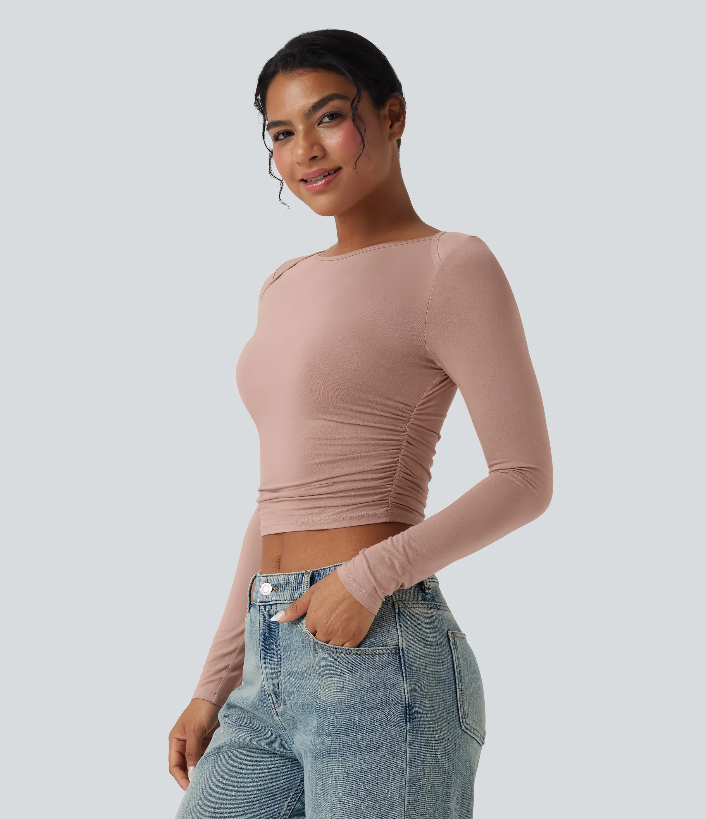 Halara Top casual corto fruncido de manga larga con cuello barco - Misty Rose - L sold by Halara product image thumbnail 4