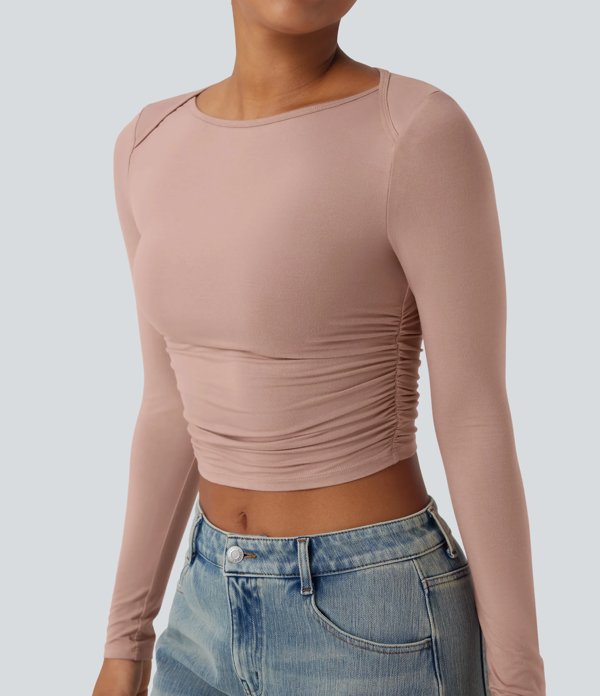 Halara Top casual corto fruncido de manga larga con cuello barco - Misty Rose - L sold by Halara product image thumbnail 5