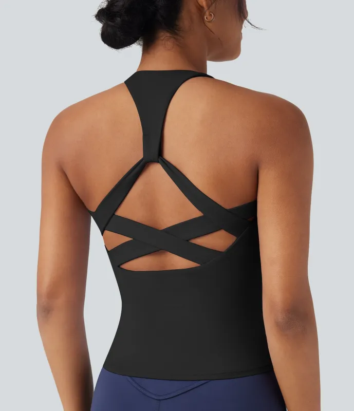 Halara Camiseta de yoga con espalda cruzada (largo extra) - Black - XS(Long) sold by Halara