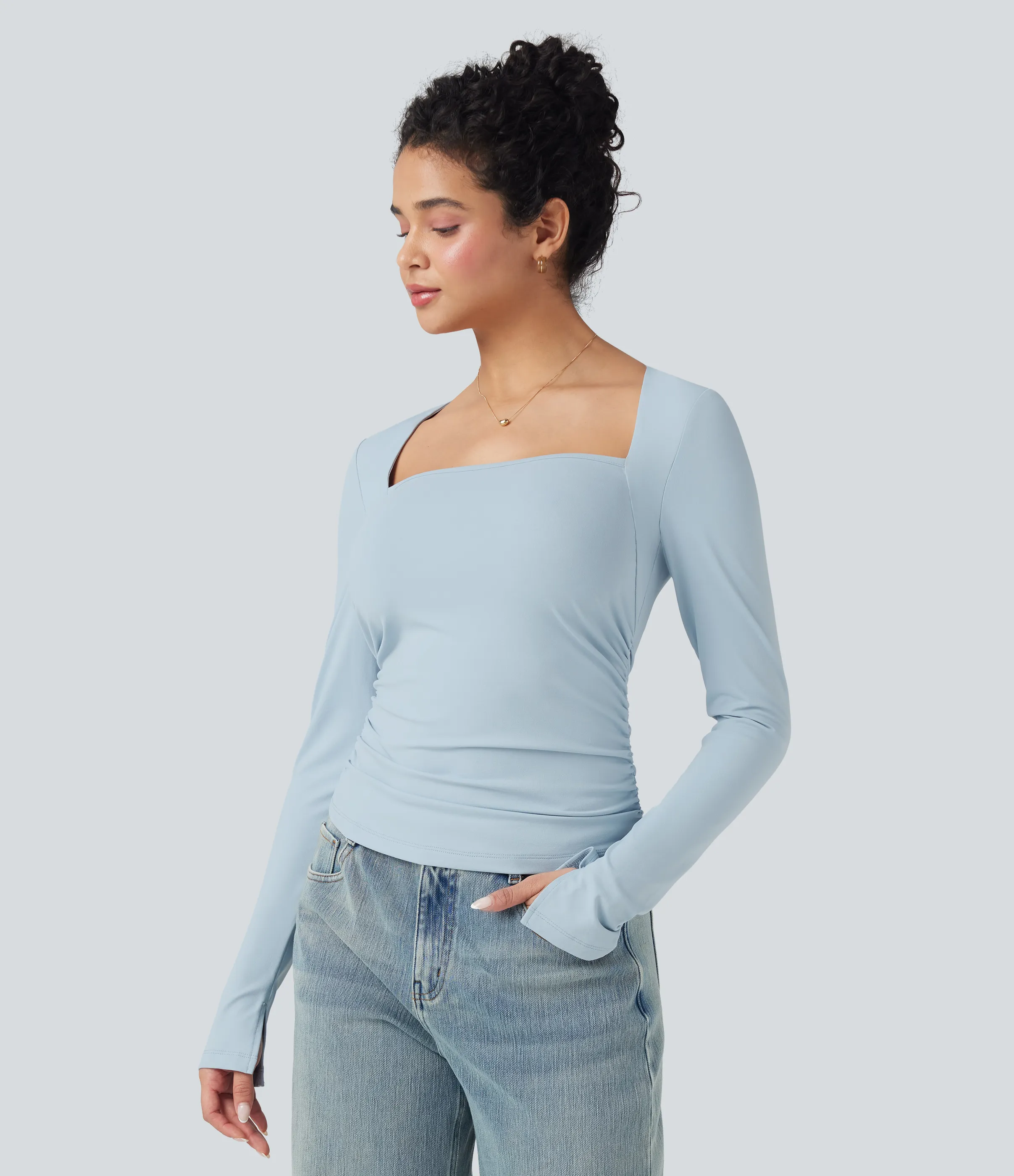 Halara Top casual ajustado con cuello cuadrado de manga larga y fruncido - Illusion Blue - XL sold by Halara product image thumbnail 4