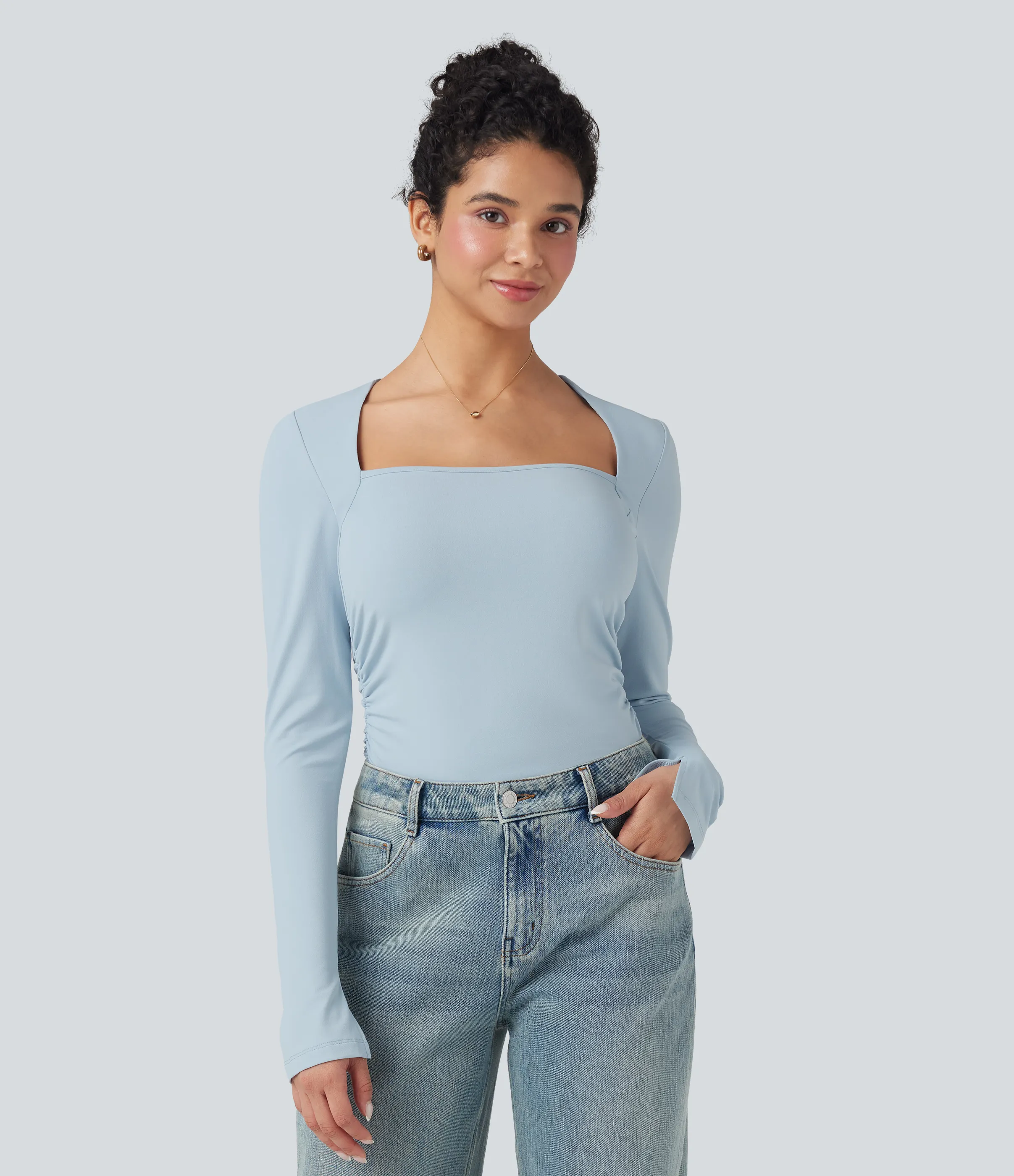 Halara Top casual ajustado con cuello cuadrado de manga larga y fruncido - Illusion Blue - XL sold by Halara product image thumbnail 5
