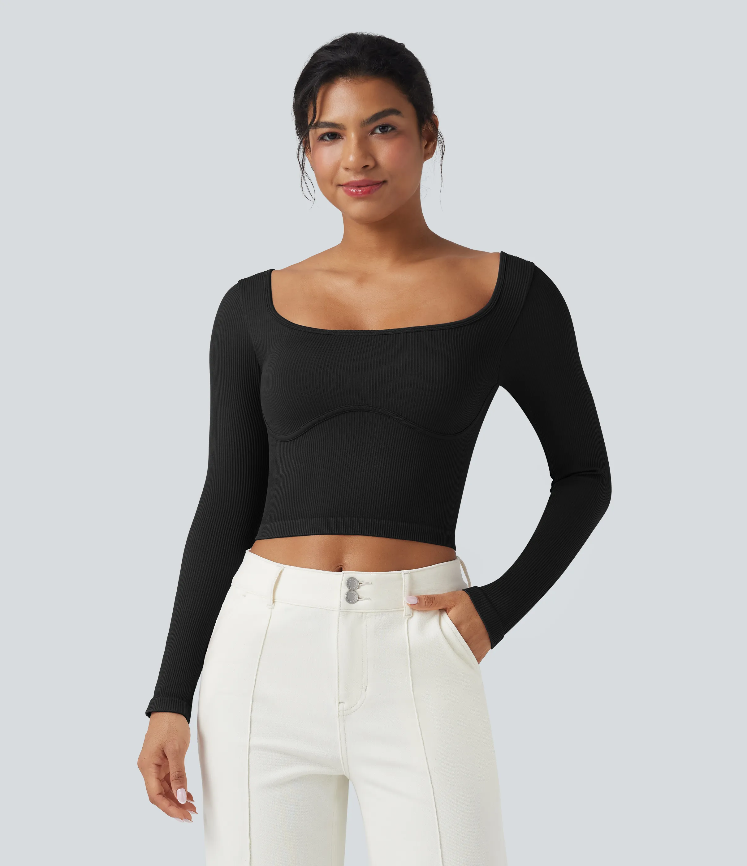 Halara Top deportivo de yoga de manga larga con cuello en U y sin costuras - Black - L sold by Halara product image thumbnail 3