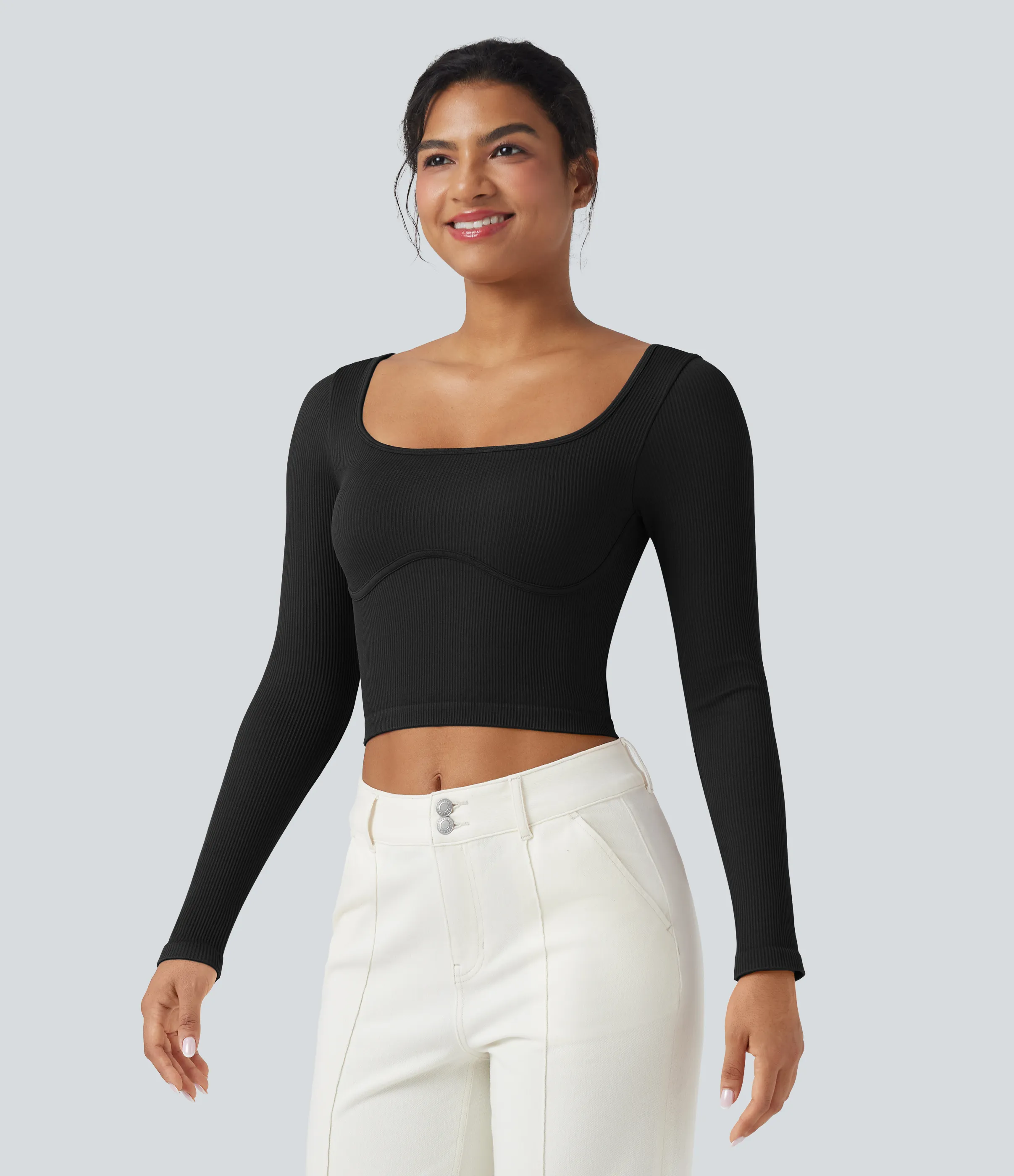 Halara Top deportivo de yoga de manga larga con cuello en U y sin costuras - Black - L sold by Halara product image thumbnail 4