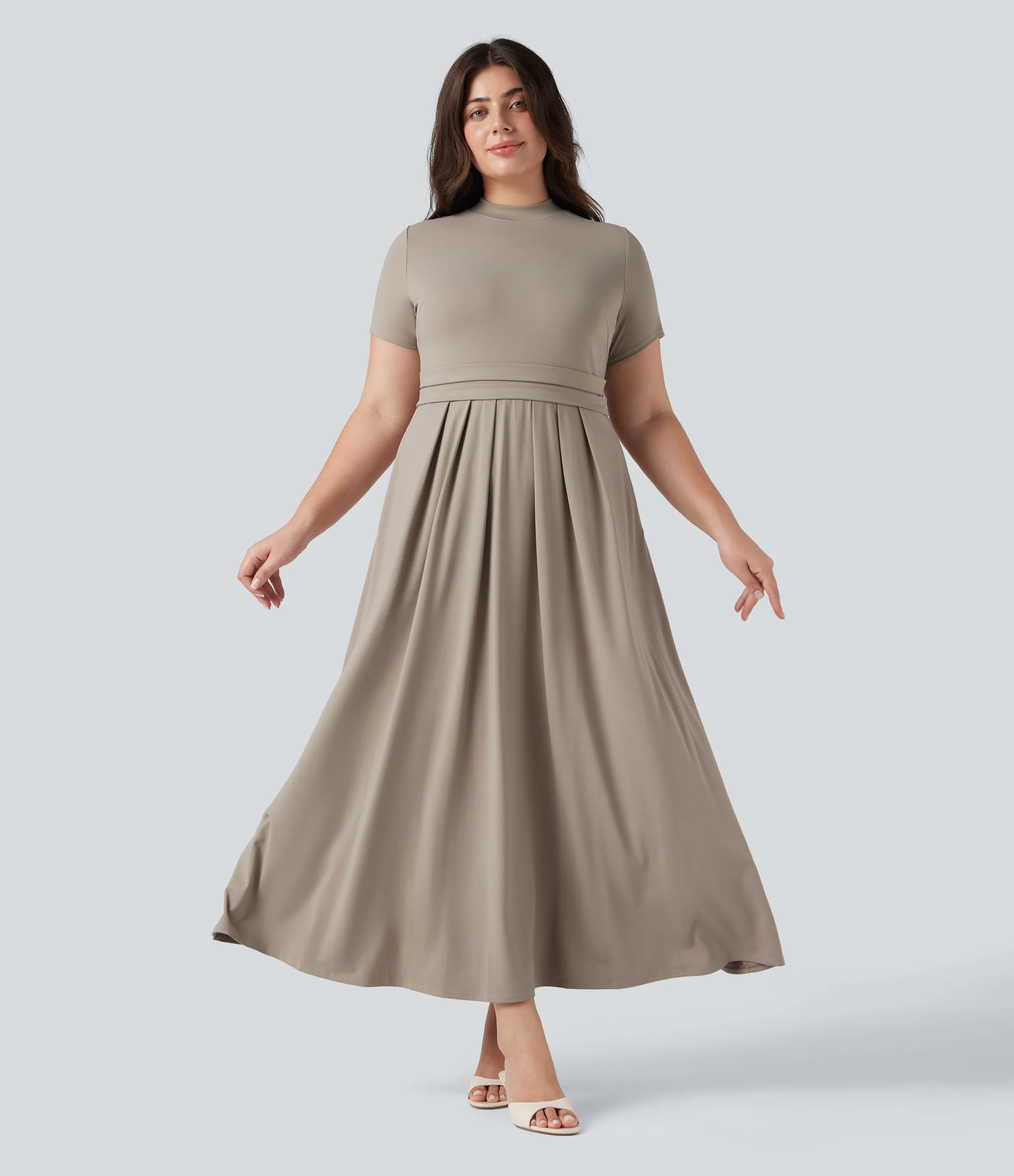 Halara Vestido maxi casual acampanado de manga corta con cuello alto y bolsillos en talla grande - Weathered Teak - 3X sold by Halara product image thumbnail 4