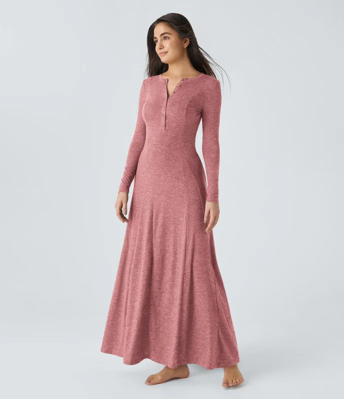 Halara Vestido maxi acampanado de manga larga y cuello redondo con botones - Brick Red Mix - S sold by Halara