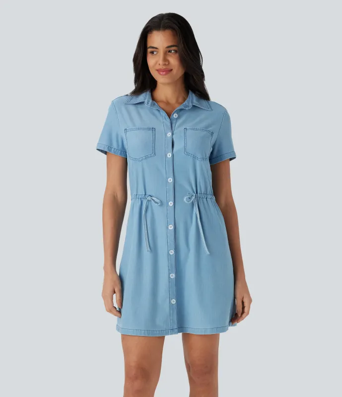 Halara Vestido corto Halara Flex™ Denim vaquero elástico de manga corta con cuello y bolsillo en el pecho, botones y cordón ajustable - Moonstone Denim - M sold by Halara