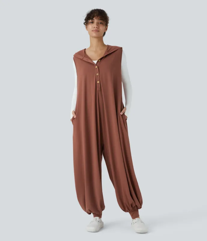 Halara Mono jogger drapeado bolsillo lateral sin mangas botón capucha delantera - Maple Syrup - XS(regular) sold by Halara