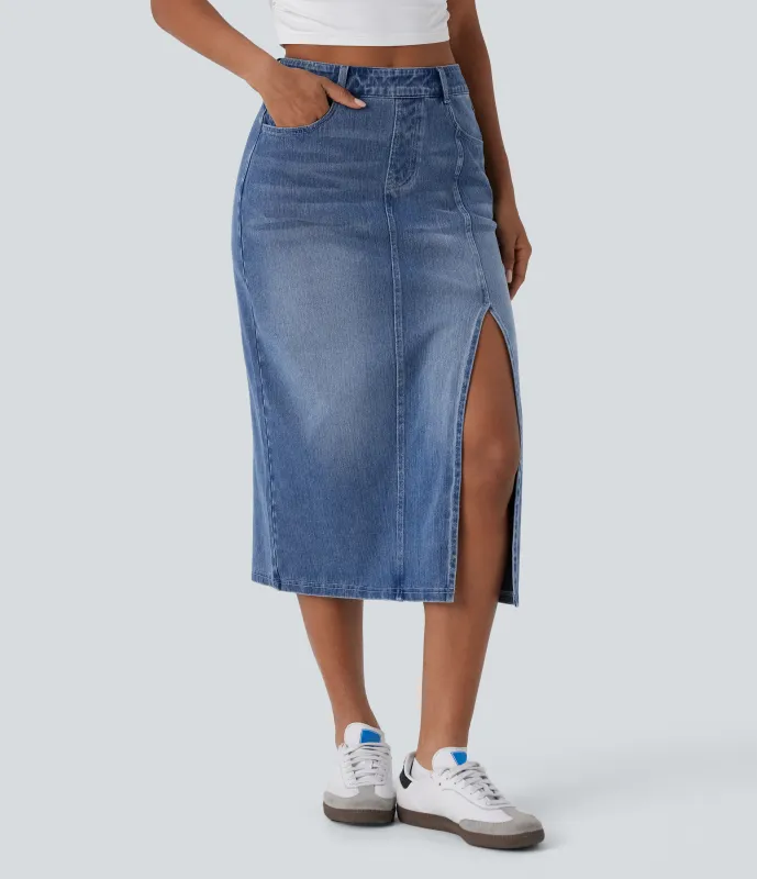 Halara Falda Midi Halara Flex™ Denim elástico lavado tiro alto abertura múltiple bolsillo - Mid Blue Denim - XS(regular) sold by Halara