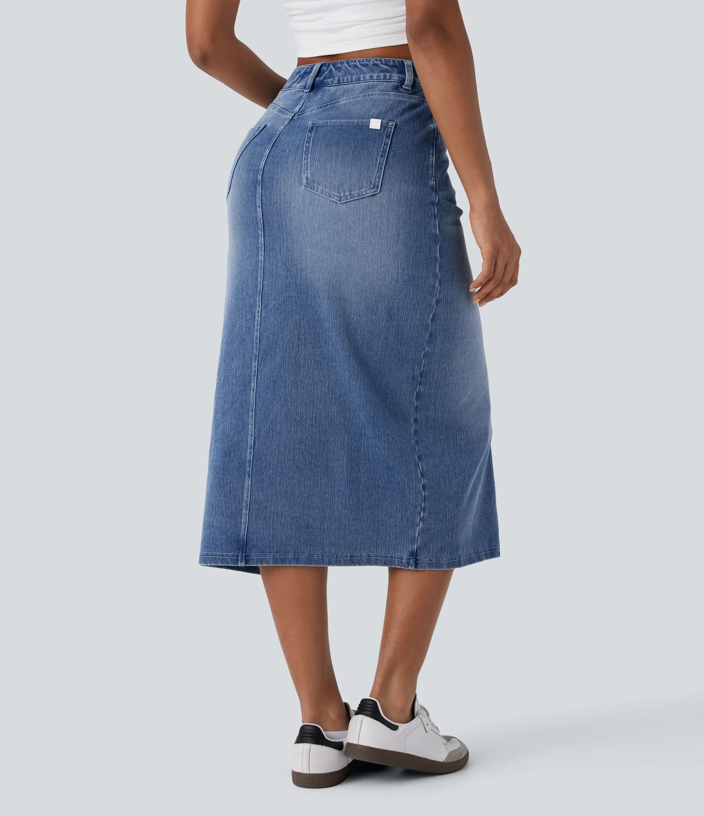 Halara Falda Midi Halara Flex™ Denim elástico lavado tiro alto abertura múltiple bolsillo - Mid Blue Denim - XS(regular) sold by Halara product image thumbnail 3