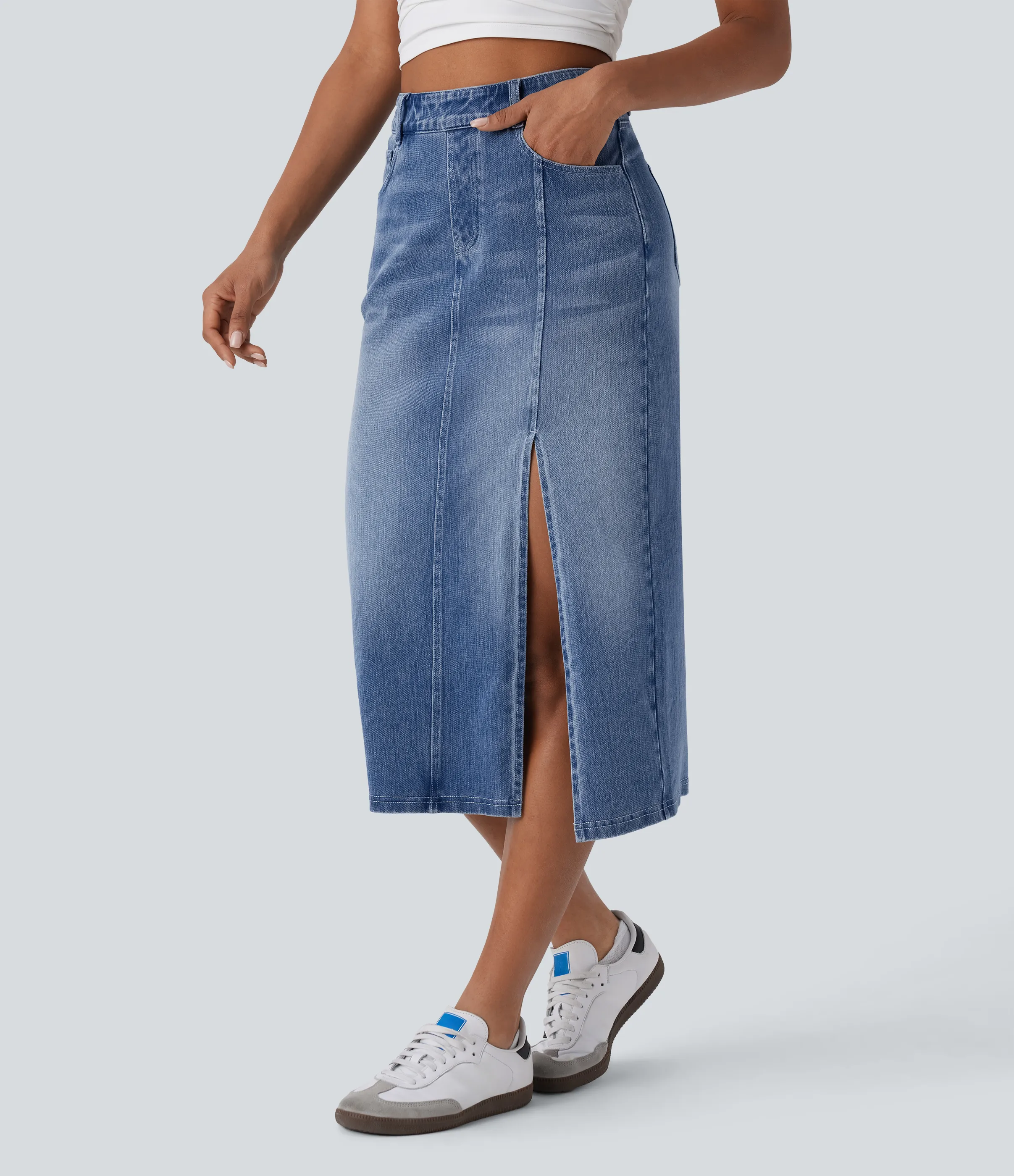 Halara Falda Midi Halara Flex™ Denim elástico lavado tiro alto abertura múltiple bolsillo - Mid Blue Denim - XS(regular) sold by Halara product image thumbnail 4