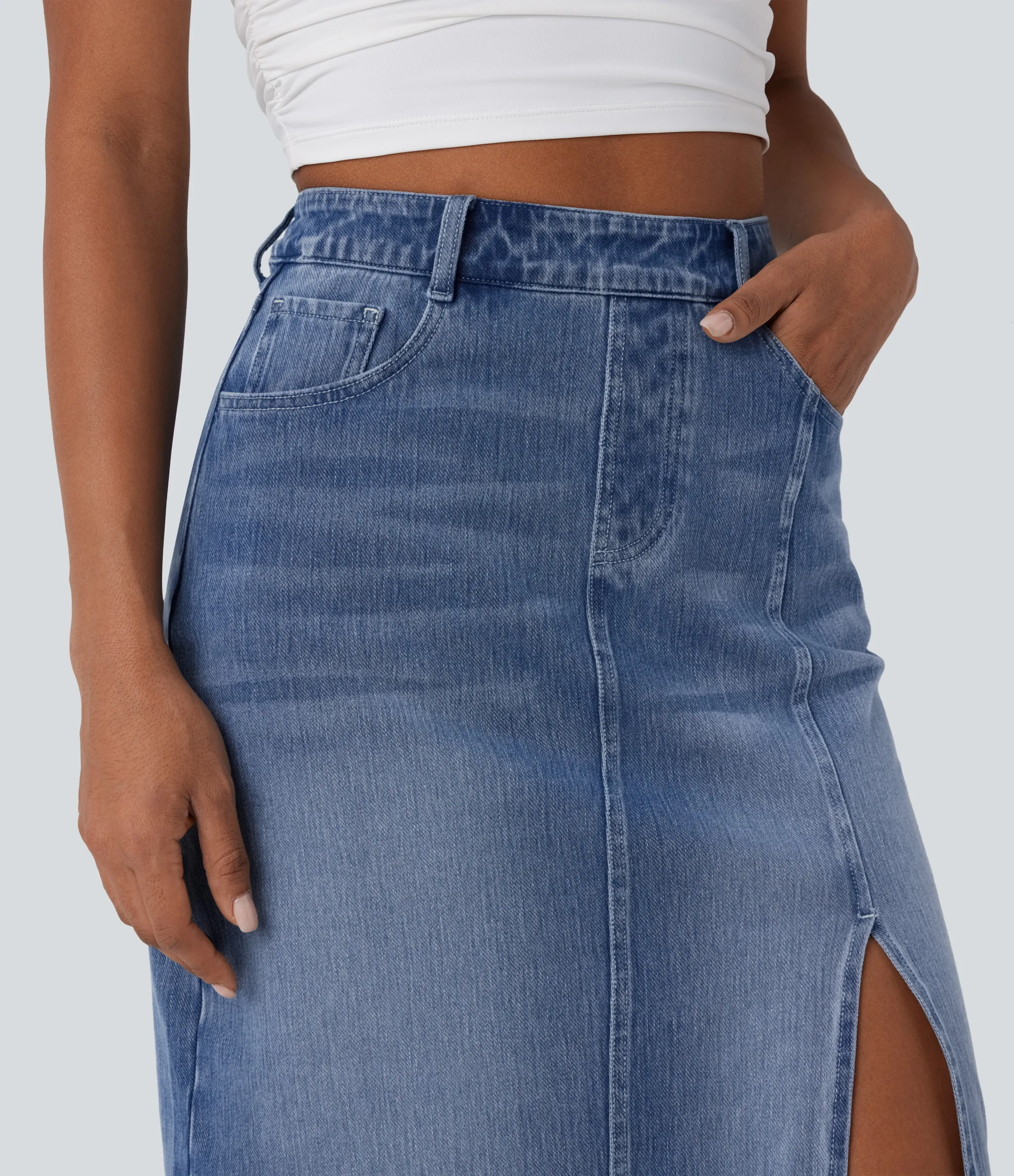 Halara Falda Midi Halara Flex™ Denim elástico lavado tiro alto abertura múltiple bolsillo - Mid Blue Denim - XS(regular) sold by Halara product image thumbnail 5