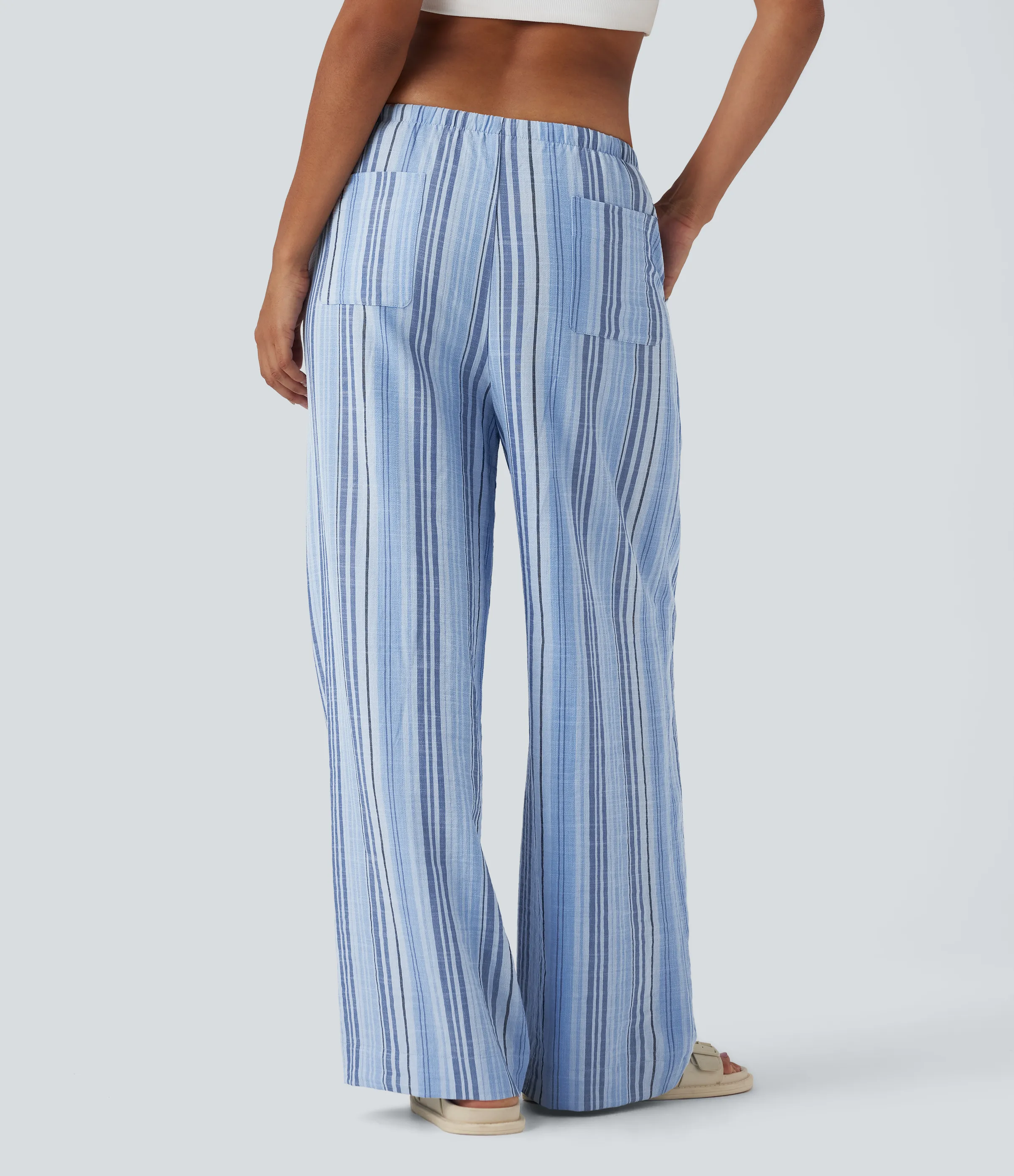 Halara Pantalones casuales de lino con tiro medio, cordón ajustable, pierna ancha y bolsillos - Bohemia Yarn Dye Blue Stripe - XS(regular) sold by Halara product image thumbnail 3